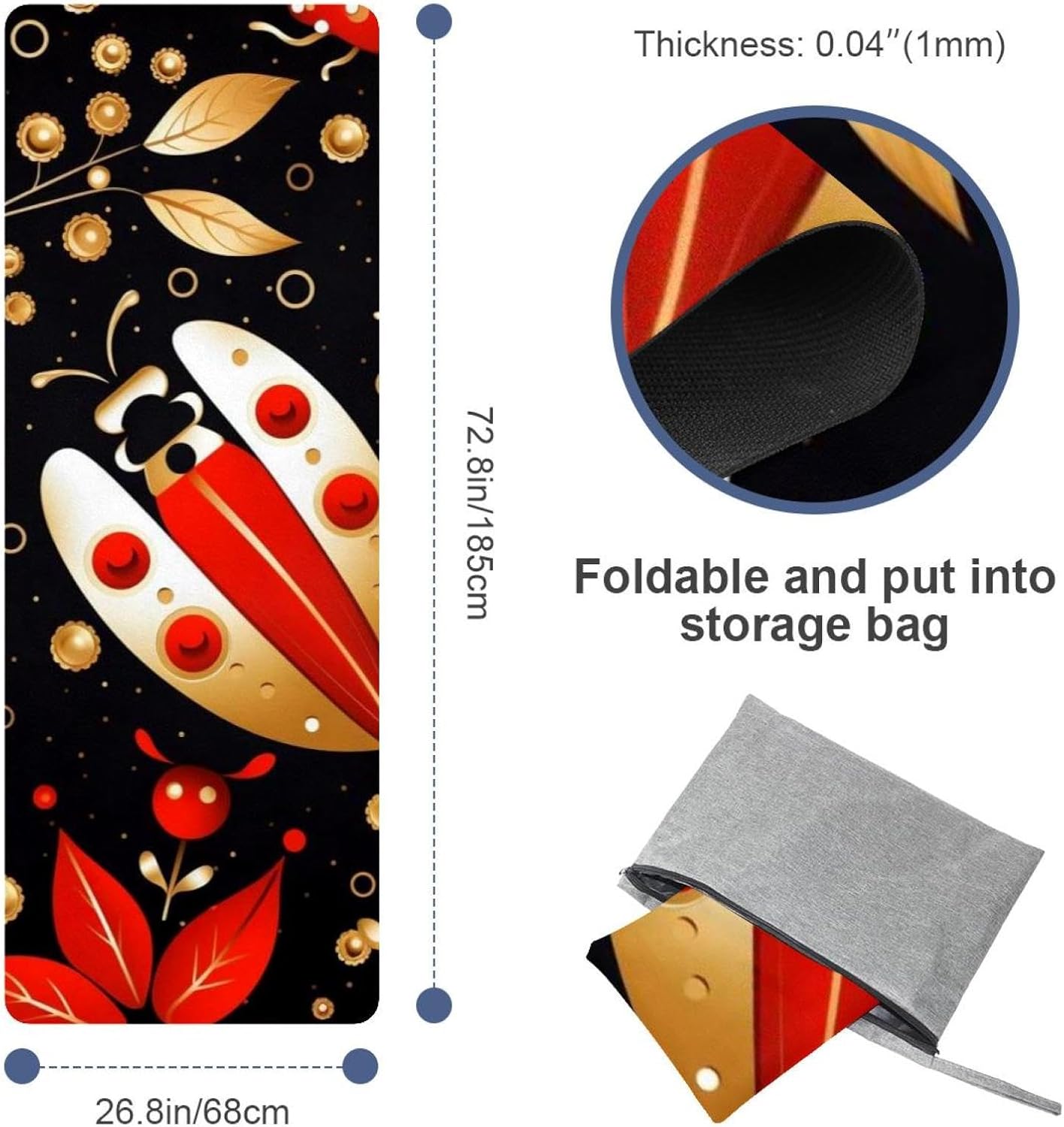 Yoga Towel, Ladybug Pattern Non Slip Sweat Absorbent Hot Yoga Mat Towel for Hot Yoga, Pilates and Fitness - 72.8" x 26.8"