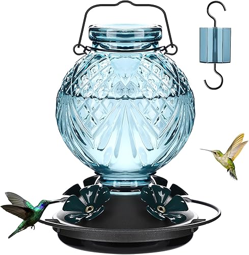 Comedero de vidrio para colibríes para colgar al aire libre, alimentador de néctar de pájaros de 20 onzas con 4 puertos en forma de flor y foso de