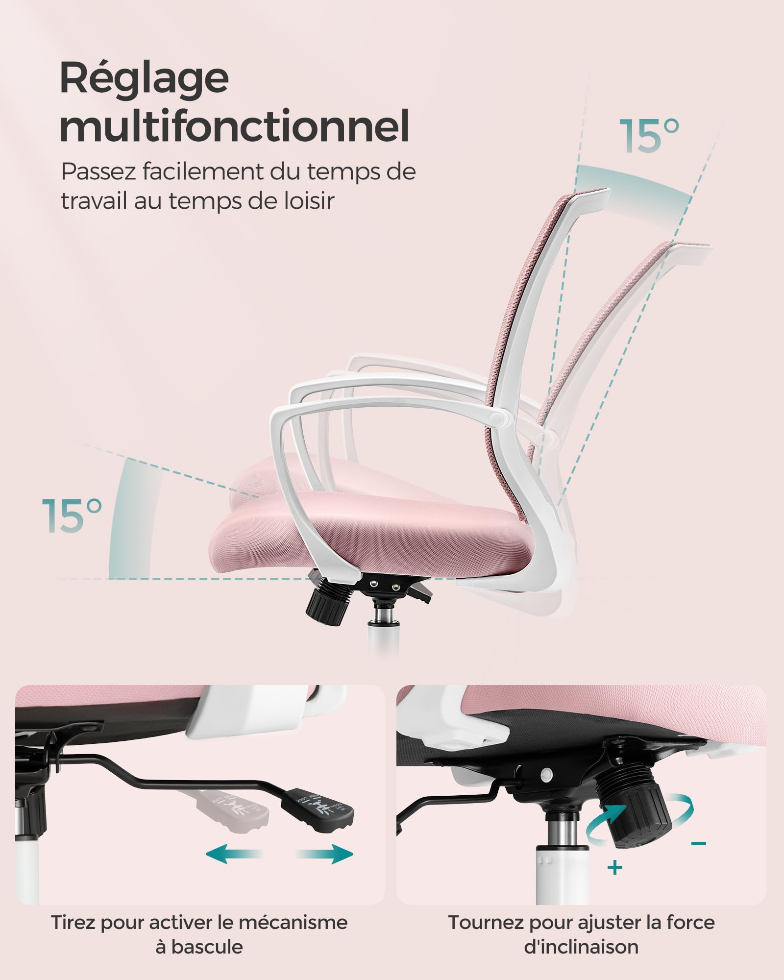 SONGMICS Fauteuil de Bureau en Toile, Chaise Ergonomique, pivotant