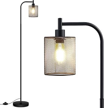 BoostArea Industrial Floor Lamp, Standing Lamp with Hanging Iron Mesh Lamp Shade, 6W LED Bulb, Whole Metal Farmhouse Floor Lamp with Foot Switch, Rustic Floor Lamps for Living Room Bedroom, Black