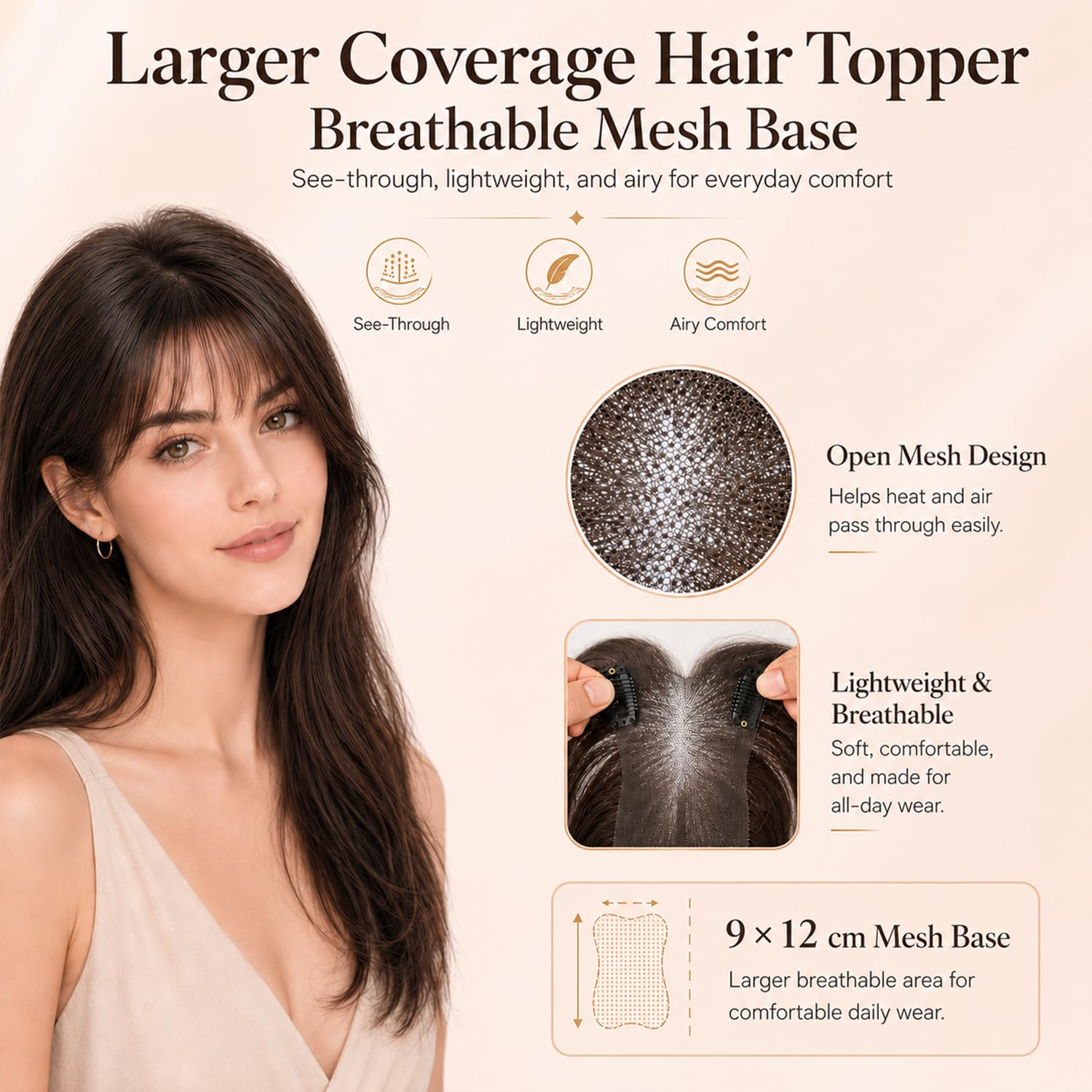 Hair Topper For Women Real Human Hair 10 Inch Super Lightweight Invisible Base Toppers Hairpieces for Women with Thinning Crown Fluffy Breathable for Summer Daily Wear(Medium Brown, French Bangs)