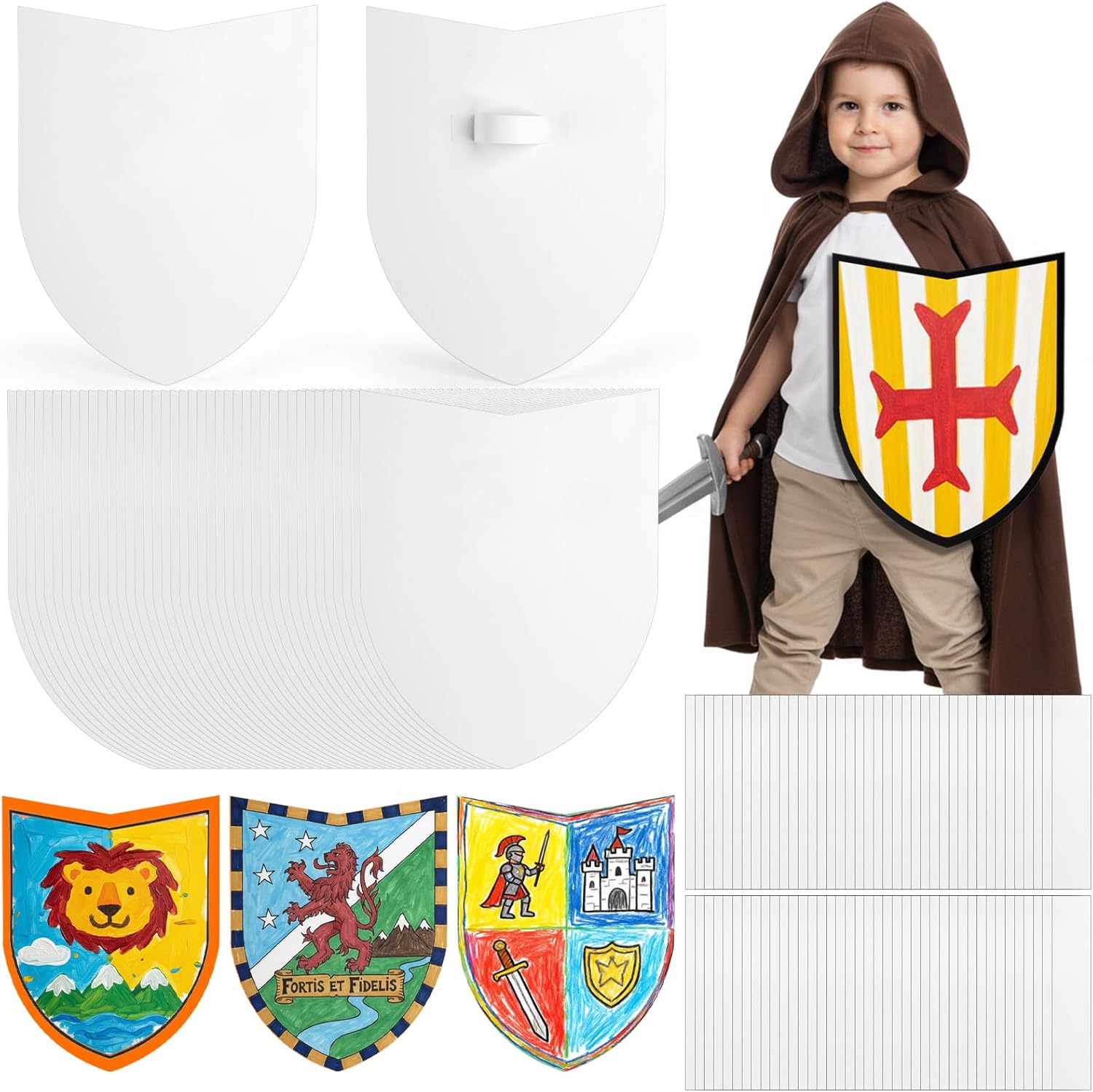 Dicunoy 40PCS Blank White Paper Shields for Crafts with Handles, Cardboard Role Play Shields for Decoration, Stage Props, Theater Play, Birthday Party, Art Activity