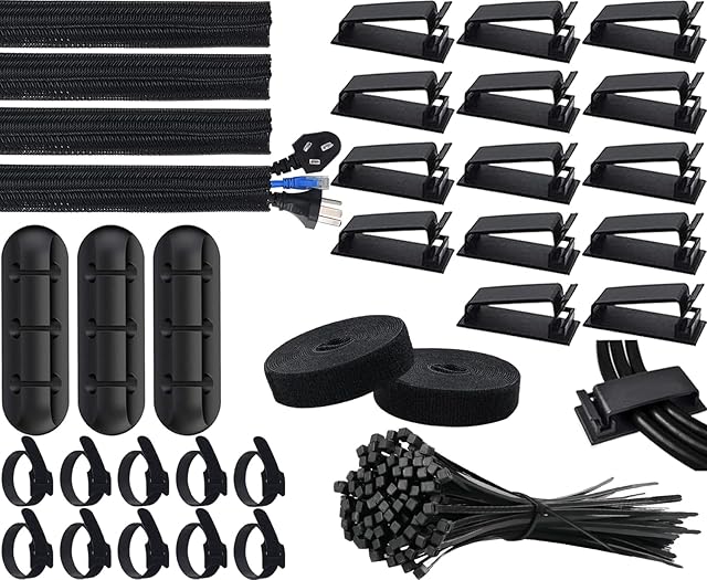 SOULWIT Cable Management Kit, 4 Cable Sleeve, 3 Silicone Cable Holder, 10+2 Roll Cable Organiser Straps, 15 Large Cord Clips and 100 Wire Organizer Ties for TV PC Under Desk Office