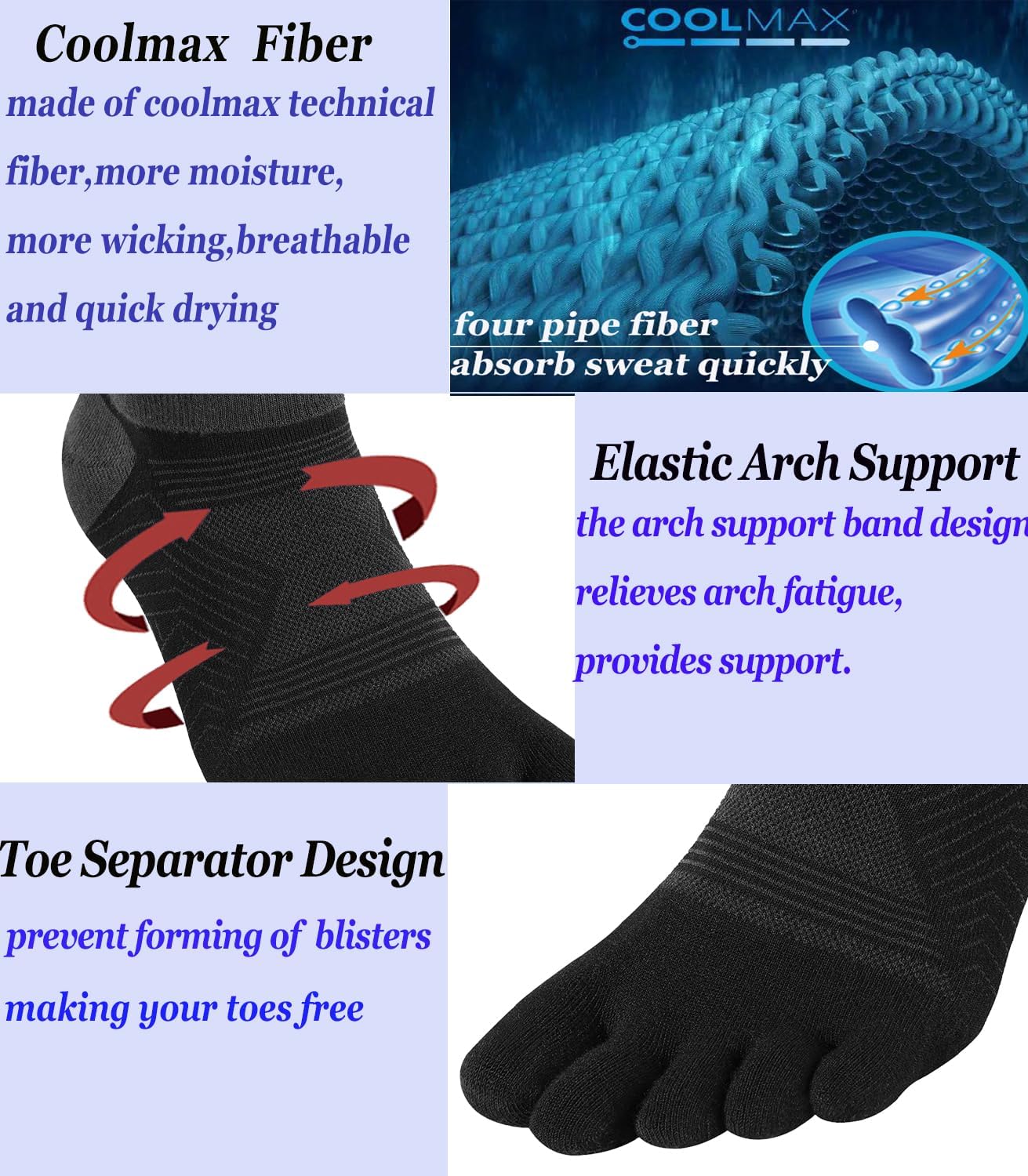 Coolmax Toe Socks for Women and Men No Show Low Cut High Performance 5 Finger Running Socks Athletic Wicking 3 Pack