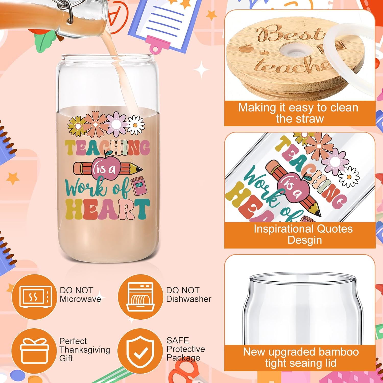 Tioncy 12 Pcs Teacher Appreciation Week Gifts Bulk 16 oz End of Year Thank You Teacher Glass Cups with Lids and Straw Inspirational Glass Drinking Tumbler Gifts for Teachers Professors Coworkers