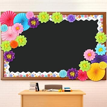 Supervitae 46 Pcs Floral Bulletin Board Borders Decorations 3D Flowers Classroom Bulletin Board Decor with Paper Fans Tissue Paper Flowers for Classroom Blackboard Home Wall Decorations