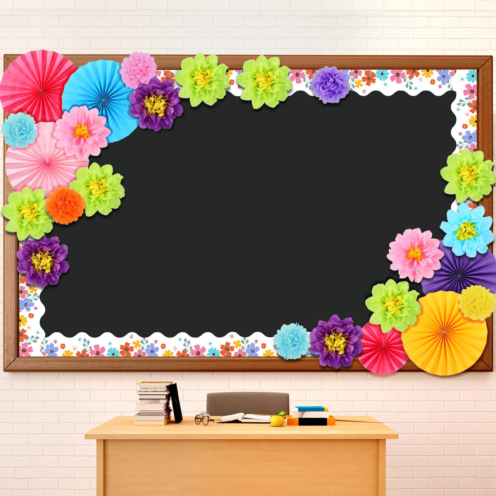 Supervitae 46 Pcs Floral Bulletin Board Borders Decorations 3D Flowers Classroom Bulletin Board Decor with Paper Fans Tissue Paper Flowers for
