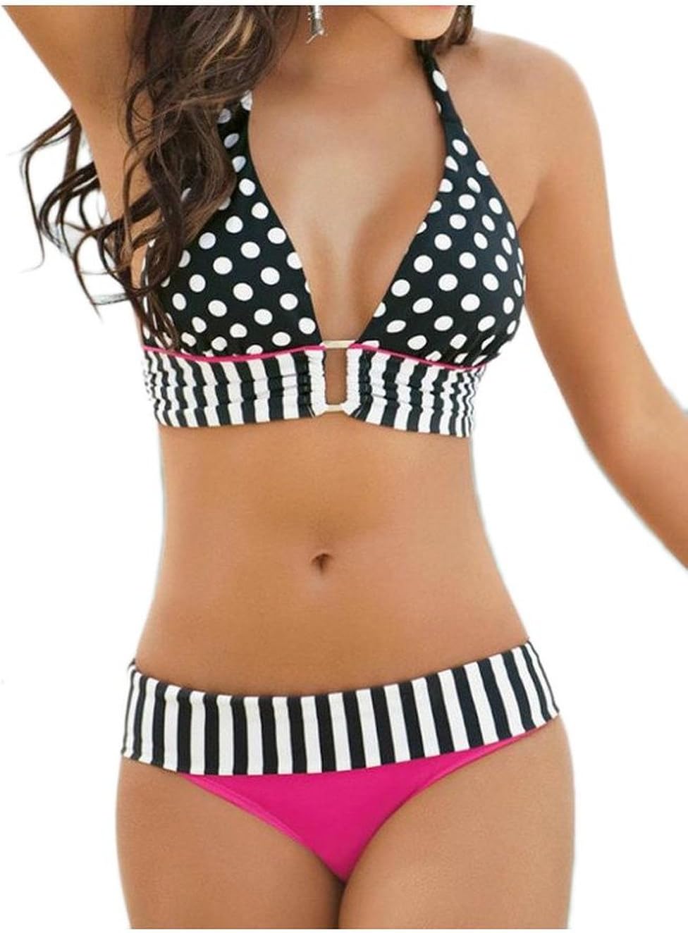 Sexy Padded Bandeau Bikini 2pcs Set Trikini Push up Stripped Swimsuit (S)