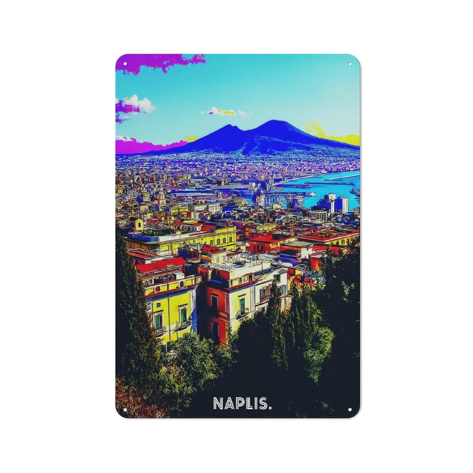 Metal Plaque with Vibrant Naples Cityscape with Mount Vesuvius Design 30x20cm, Vintage Bistro Wall Plaque for Coffee Bar, Kitchen, Bistro Or Tea Corner