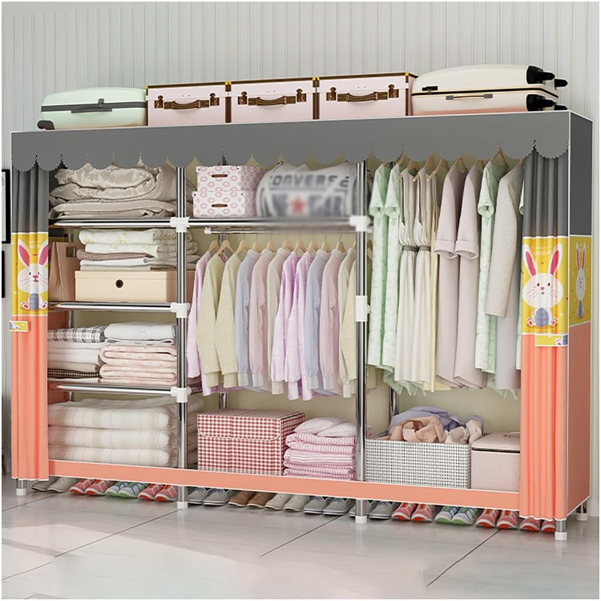 Portable Closet Wardrobe for Bedroom 2 Clothes Rail with Fabric Cover Clothes Storage Organizer 5 Compartments (Color : A, Size : 250x45x170cm)