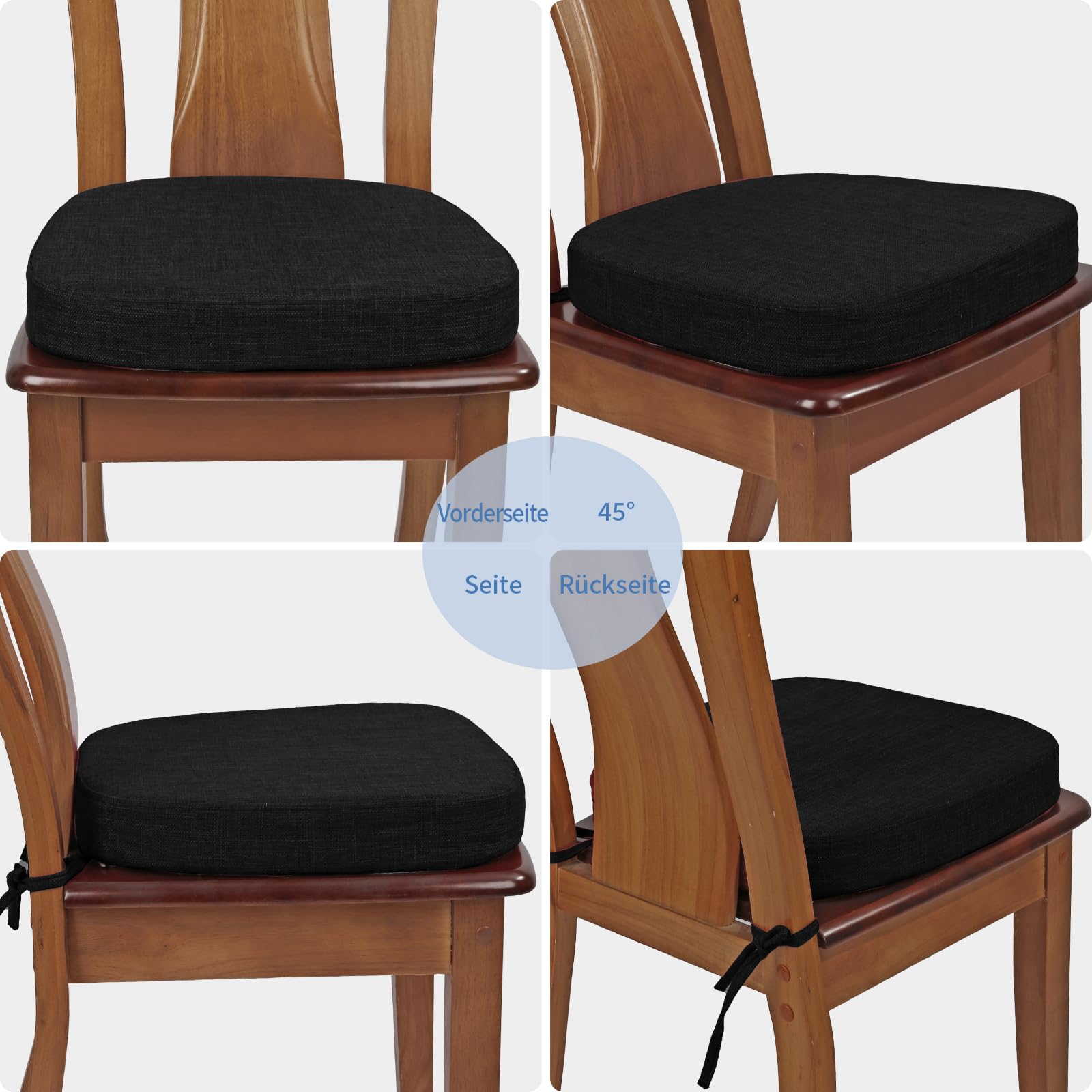 BUYUE Stuhlkissen 6,5 cm dick, U-Form Sitzkissen 40x40 cm mit hochdichtem Schaumstoff, Stoffbezug, rutschfestes Sitzpolster für Küche und Esszimmer (4 Stück, Schwarz)