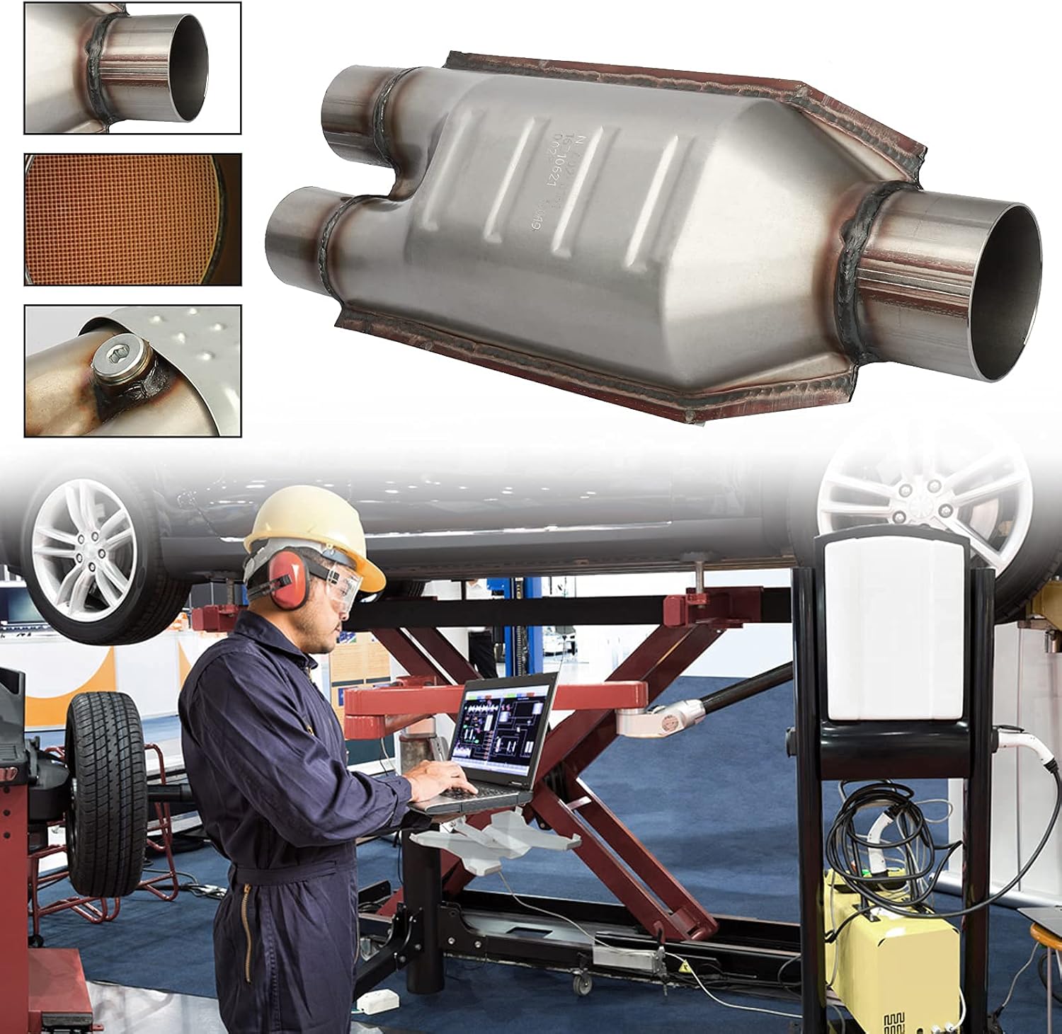 MAYASAF 2.5" Outlet and Double 2" inlet Universal Catalytic Converter w/ O2 Port (EPA Compliant)
