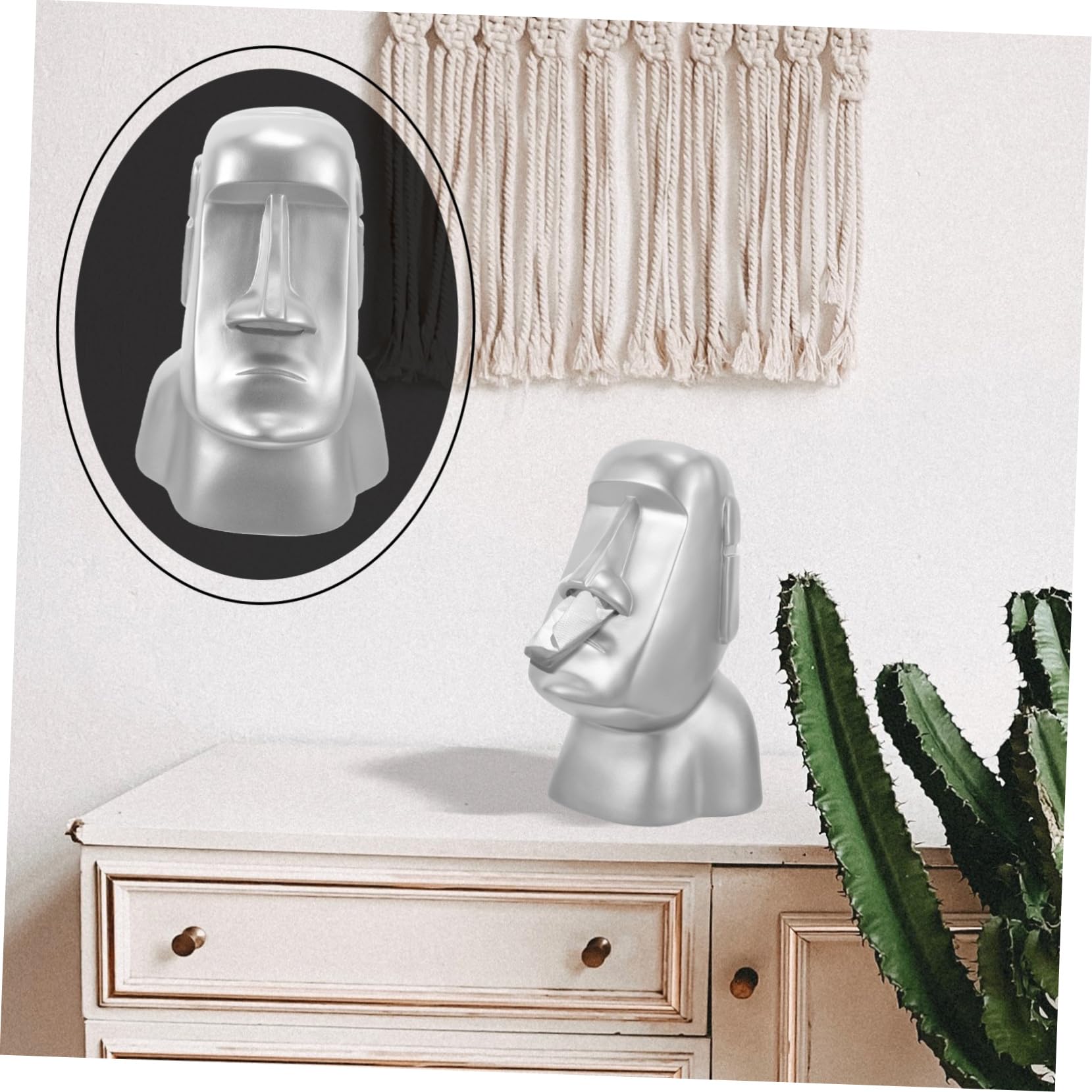 Cabilock Statua Moai Supporto Cuffie da Scrivania in Resina Argento | Decorazione Creativa per Casa e Ufficio, Regge Occhiali e Piccoli Oggetti, Idea Regalo Natale