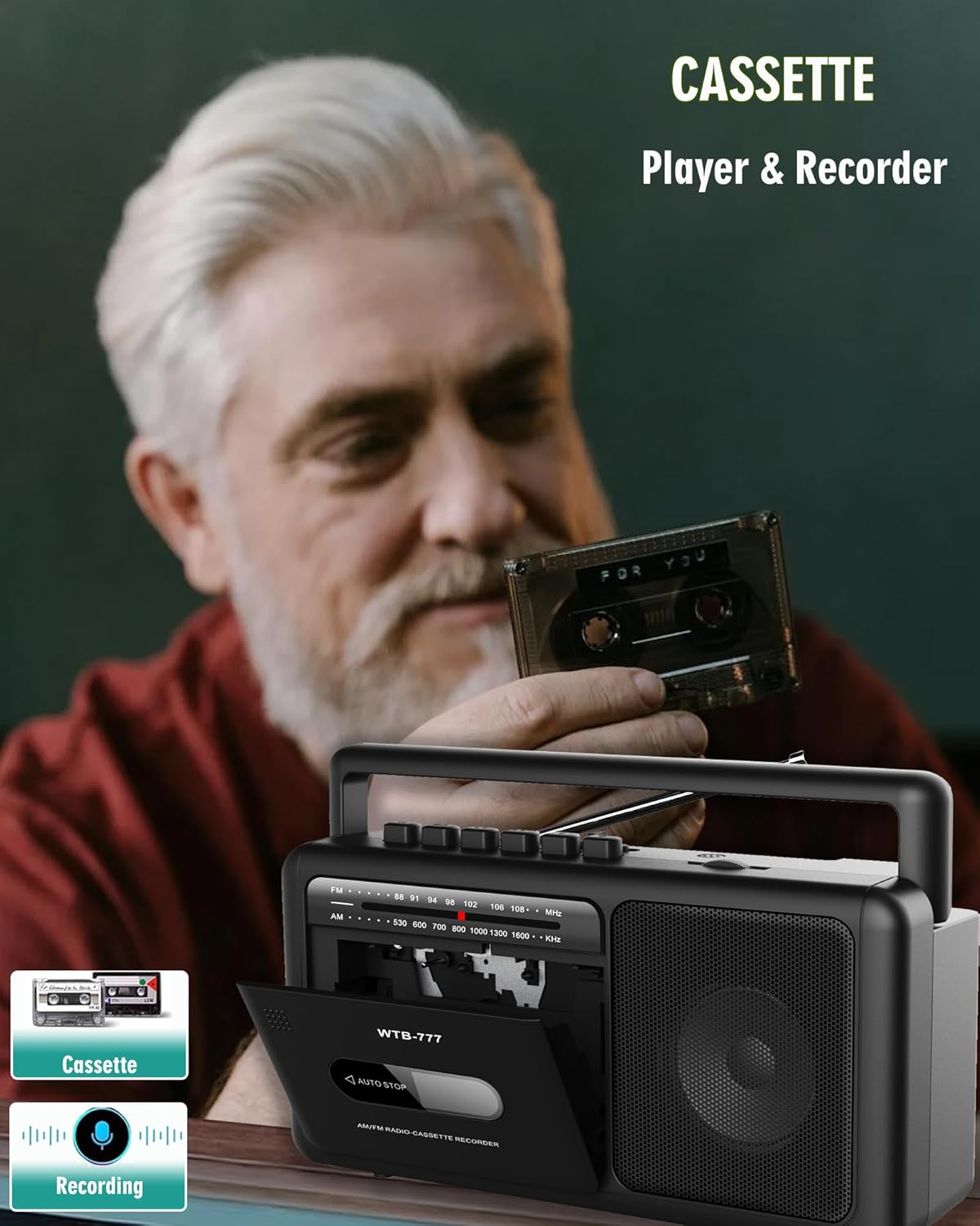 A person holding a cassette tape near the WTB-777 boombox, which has its cassette door open, illustrating the cassette player and recording function.