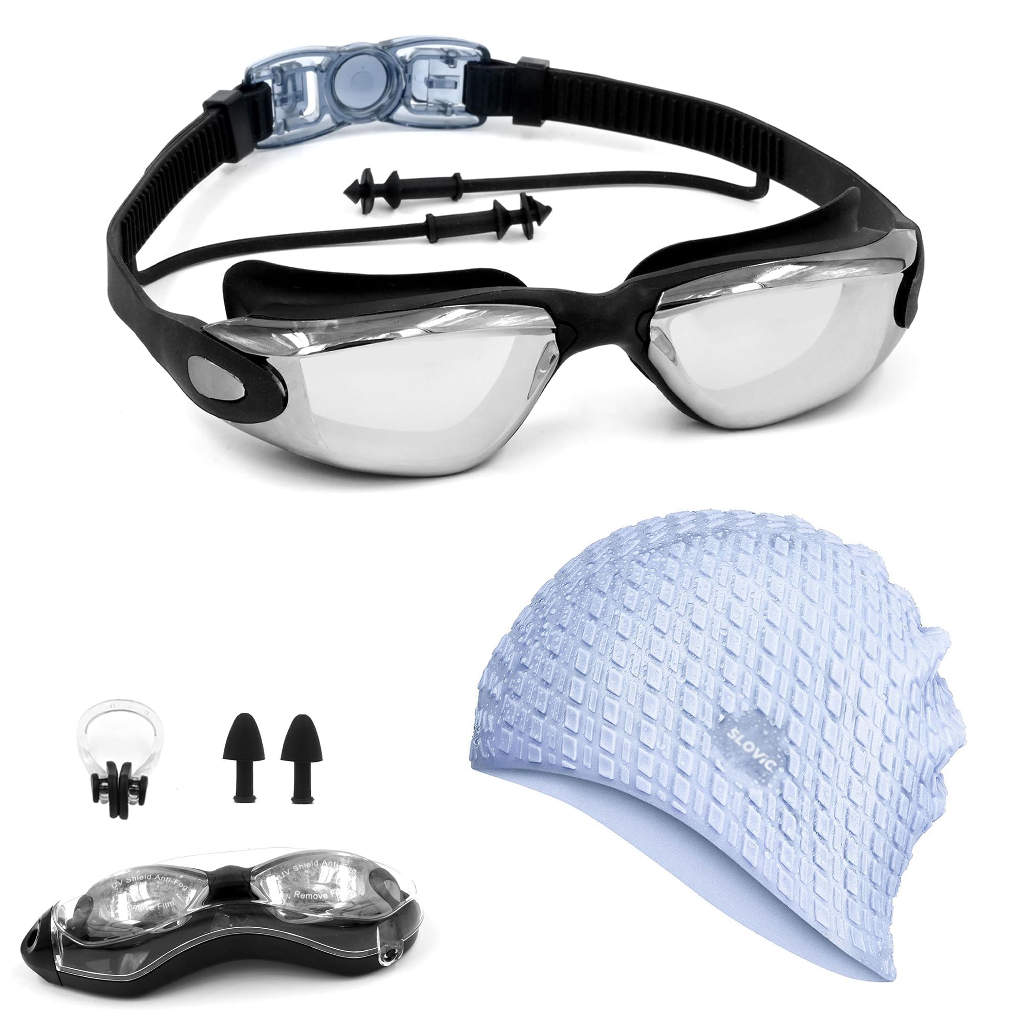 SLOVIC Black Swimming Goggles & Blue Embossed Swimming Caps for Men & Women with Silicon Nose Bridge | Free Size Cap, UV-Protected Anti-Fog Glasses, Push-Button Strap with Ear Plugs & Nose Clip (B0BZWDFD6D) Amazon Price History, Amazon Price Tracker
