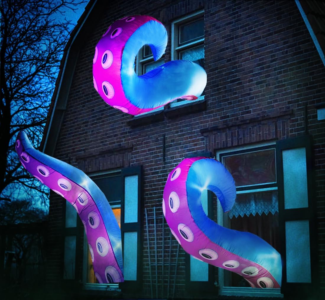 3 Pcs 6ft Halloween Inflatable Outdoor Decoration Octopus with LEDs Tentacle Indoor/Outdoor Decoration Halloween Window Blow Up for Party Yard Lawn Garden Holiday Decoration