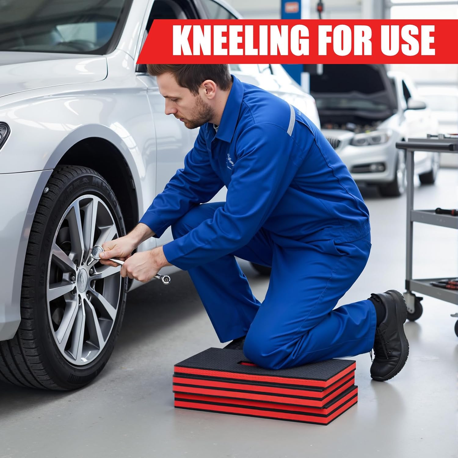 SHENLIU Foldable EVA Utility Mat with Handle, Heavy Duty Mechanic Mat for Kneeling, Workouts, Garages, Gardening, Camping, Picnics, Outdoor Adventures and Home Gyms, Red (46" x 15.8" x 1.1")