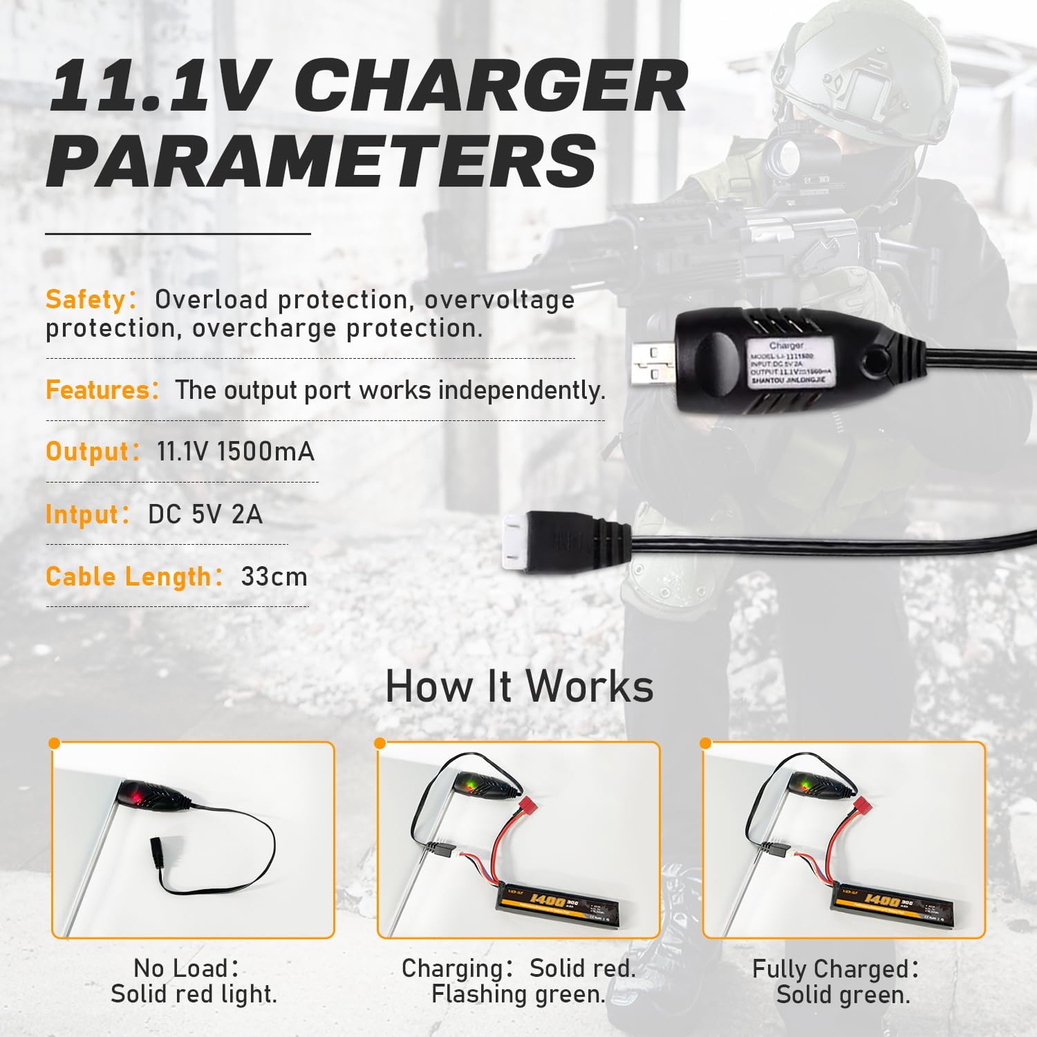 3S Airsoft Battery 30C(Burst 60C) 11.1V 1400mAh Dean-Style T Plug with 11.1V USB Charger Fit for Most Airsoft Model Guns Gel Water Bead Blaster 2PACK