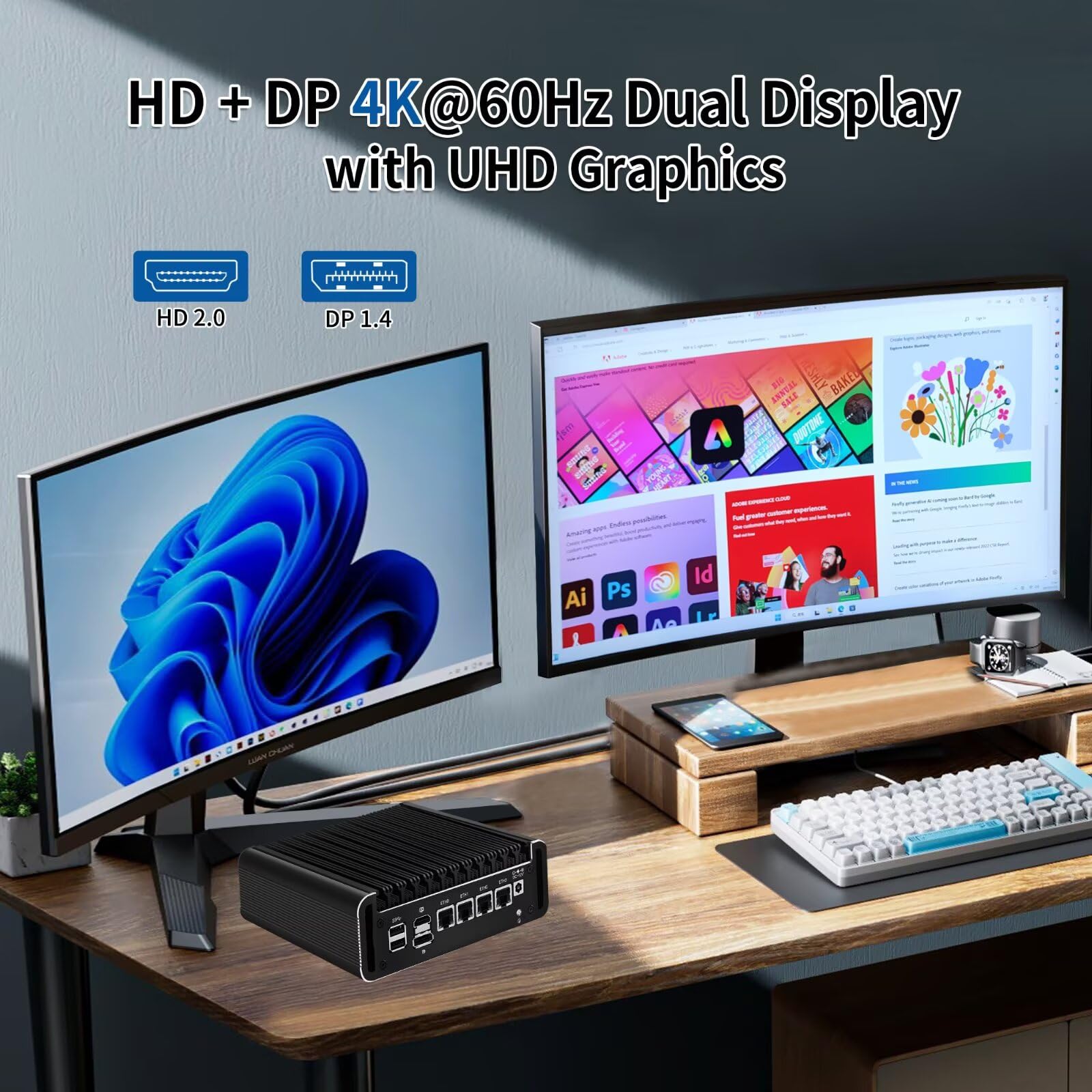 SJRC Fanless Firewall Appliance N150 (up to 3.6Hz), 4 x i226V 2.5Gbe LAN OPNsense Mini PC for Office/Home, Micro Router Computer DDR5 16GB RAM 256GB NVMe SSD, 8 USB, Dual 4K HD+DP
