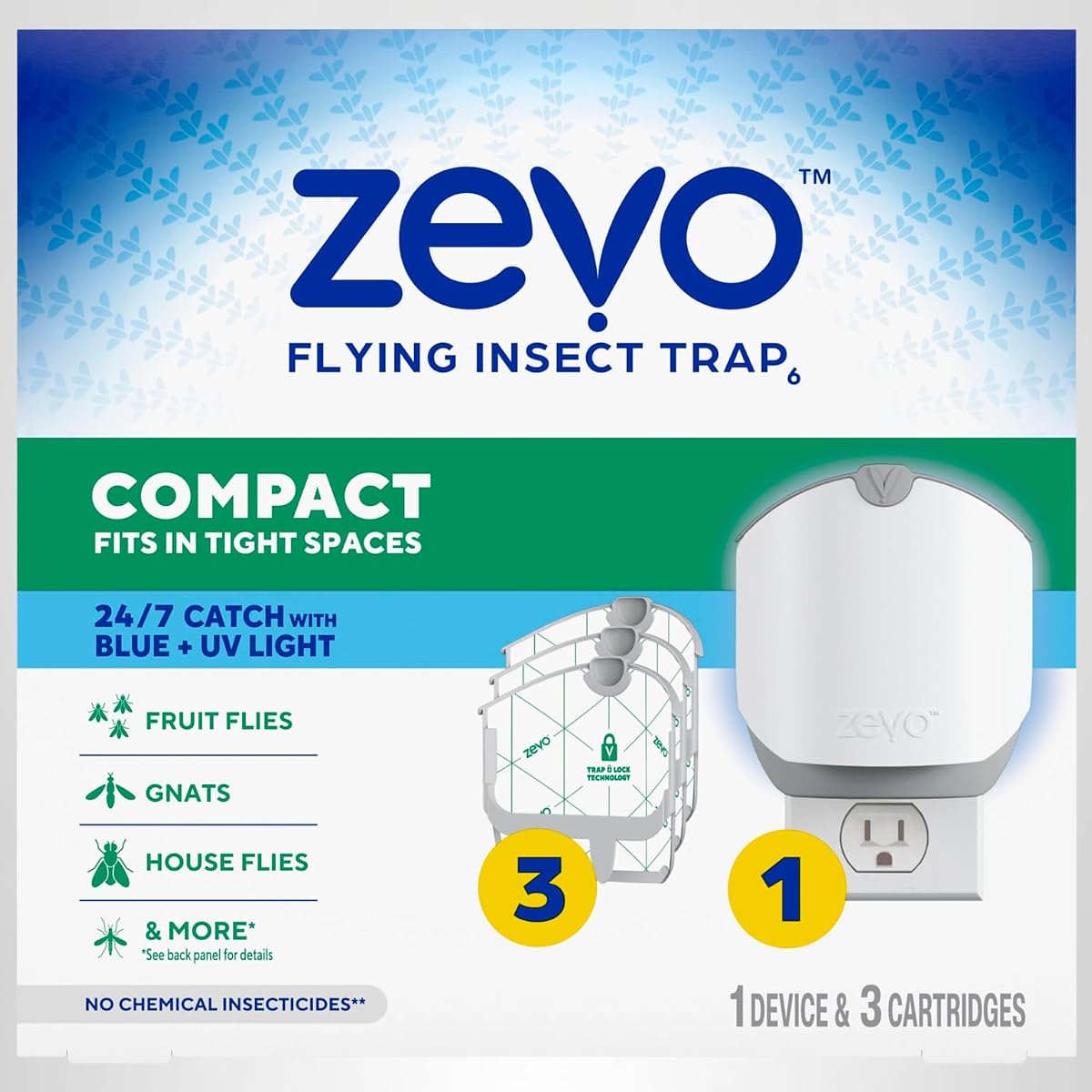 Zevo Compact Flying Insect Trap Kit with Refill Cartridges - Plug-in Indoor Bug Catcher for Gnats, House & Fruit Flies - Blue + UV Light Technology, No Odor, No Mess (1 Plug-in Device + 3 Cartridges)