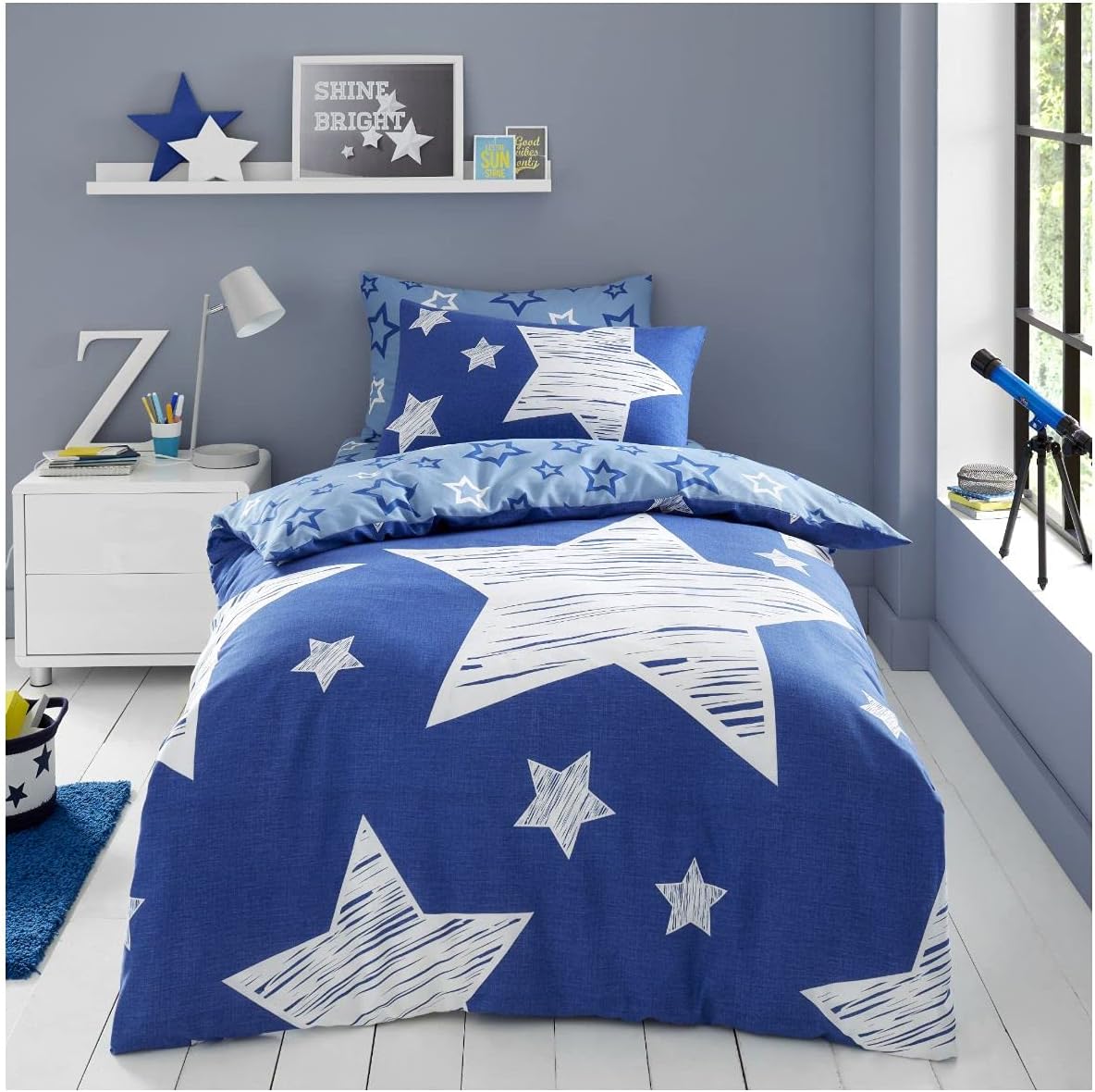 GC GAVENO CAVAILIA Kids Super Star Duvet Cover Set Single | Navy Star Bedding Set with Pillowcase | Soft Polycotton Reversible Bed Set for Boys & Girls Bedroom