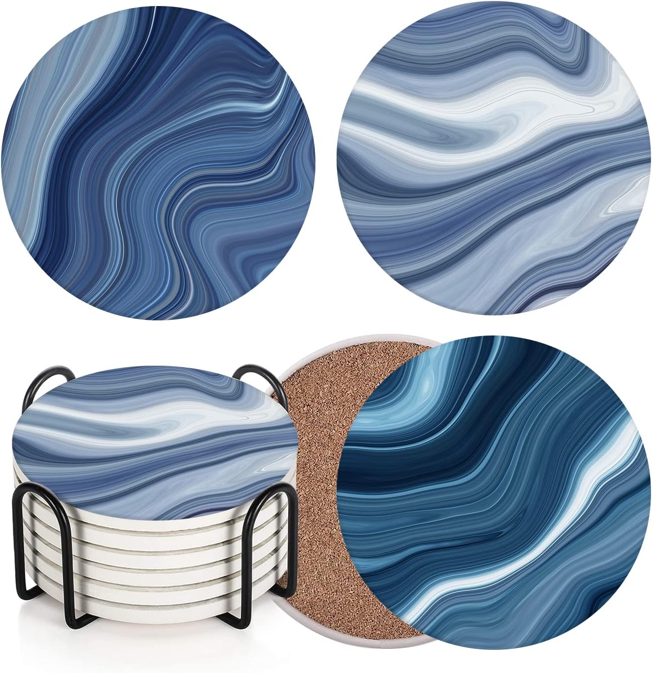 Britimes Coaster for Drinks Set of 6, Grey Marble Golden Stone Agate Table Absorbent Round Ceramic Stone Mat, with Cork Base and Metal Holder, Gift for Housewarming Room Bar Decor