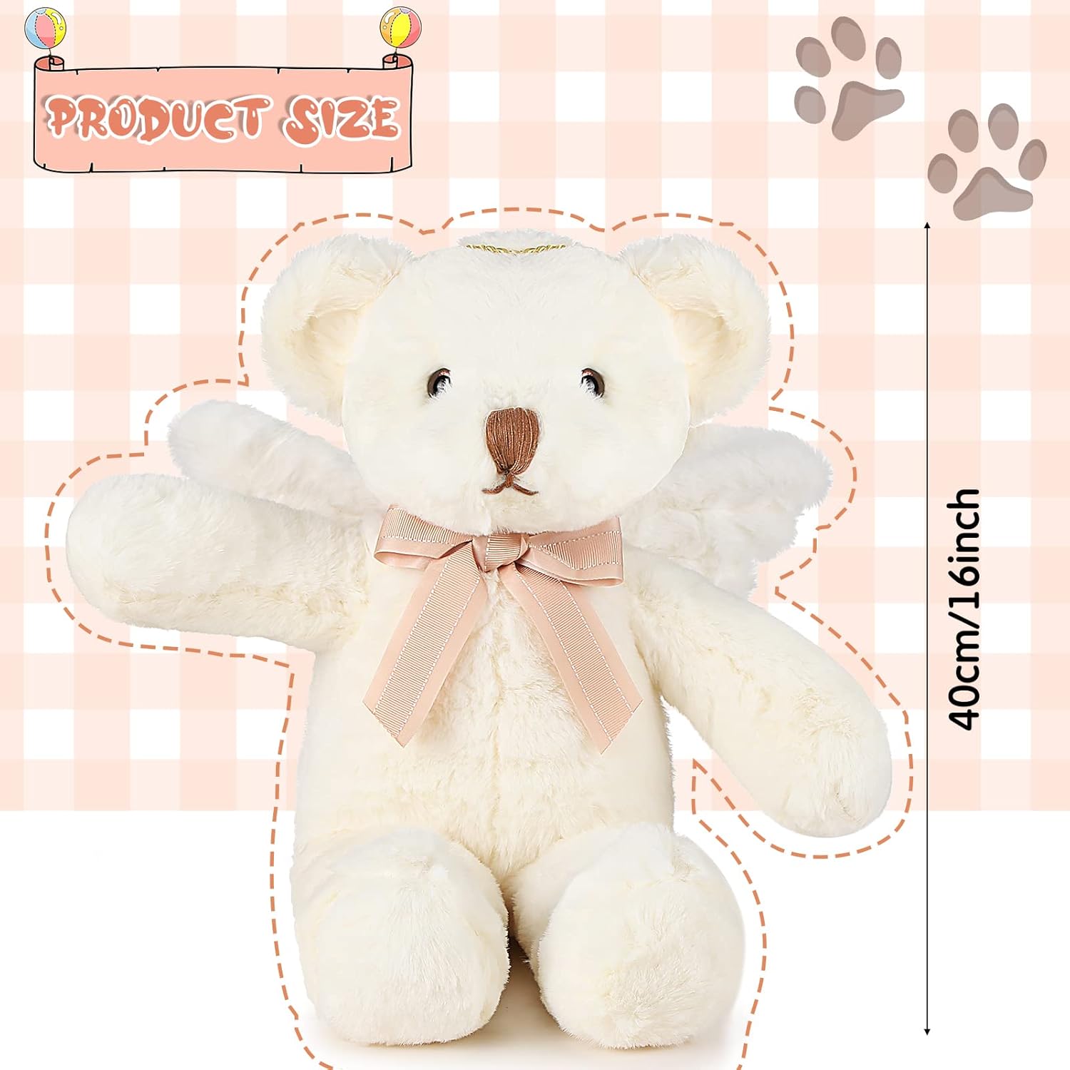 Sratte 16 Inch Angel Bear Plush Stuffed Animal with Wings Bow Soft Cute Stuffed Bear Plushies Toy for Boys Girls Birthday Baby Shower Baptism Christening Family - Image 3