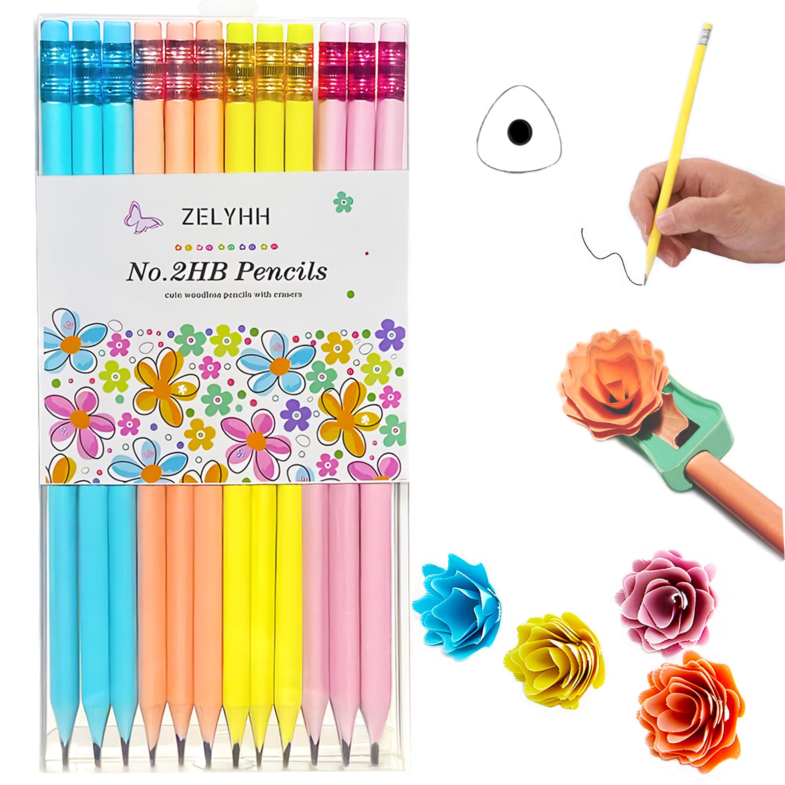 ZELYHH Fun Triangle Pencils - Cute Kids Pencils with Flower Shaped Shavings, Pre-sharpened Erasers, 12 Pack
