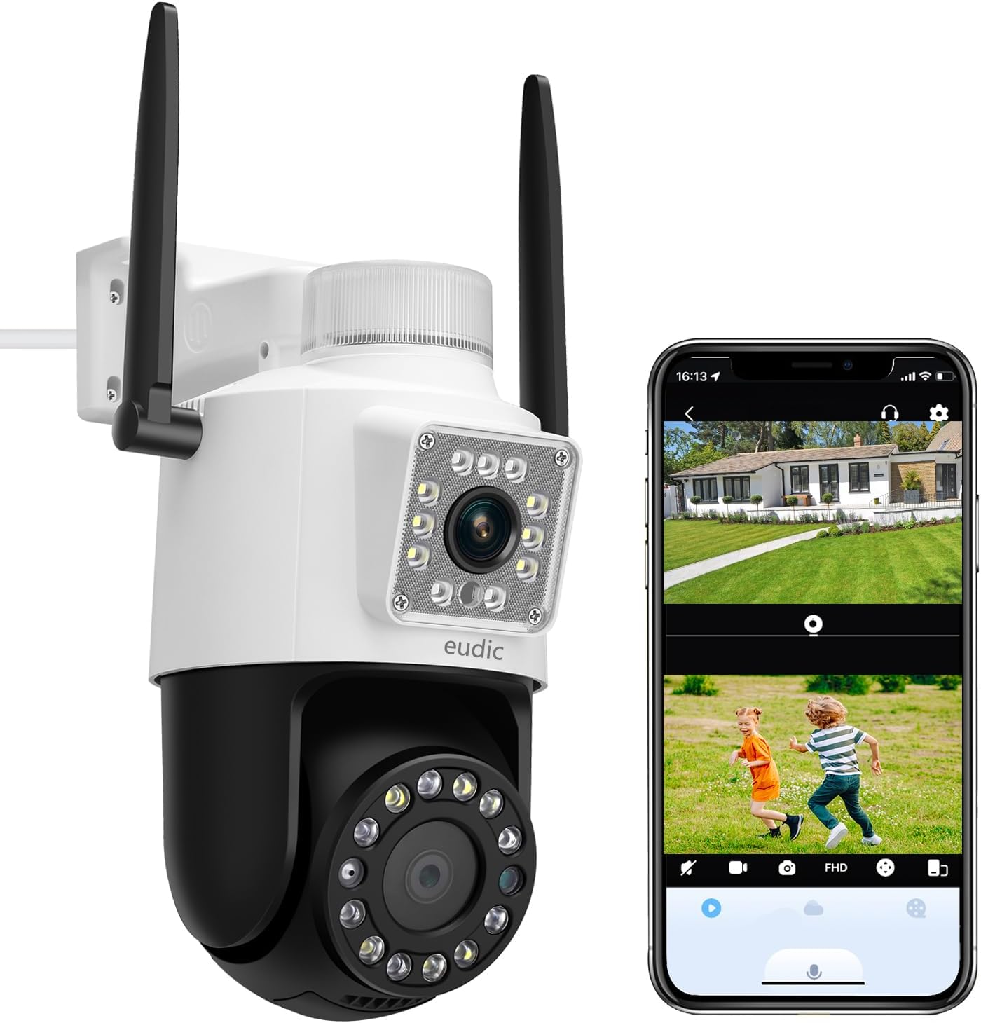 eudic Security Camera Outdoor Dual Camera 1080P, Free Cloud Storage
