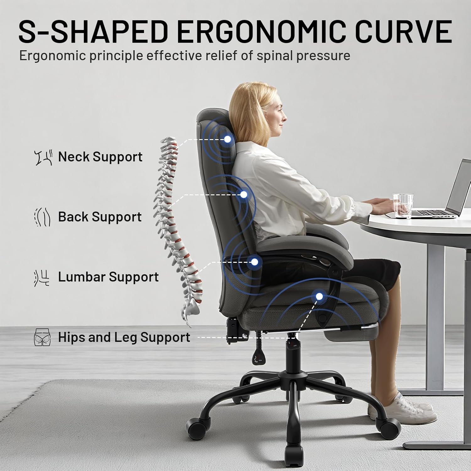 Diagram showing S-shaped ergonomic curve with neck, back, lumbar, hips, and leg support points