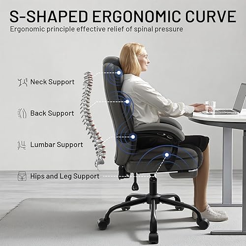 Miniatura 7 de Silla de oficina ergonómica con reposapiés, silla de escritorio ejecutiva de piel sintética, reposabrazos abatibles acolchados, soporte lumbar,