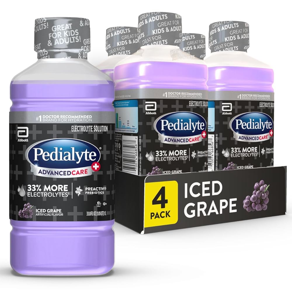Pedialyte AdvancedCare Plus Electrolyte Hydration Drink, Has 33% More Electrolytes and Has PreActiv Prebiotics, Iced Grape, 1 Liter, Pack of 4