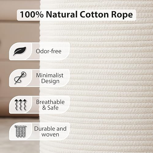 Miniatura 5 de Cesta de lavandería de cuerda tejida blanca, cesta de lavandería de 58 litros de altura para almacenamiento de mantas, canasta grande para cuarto de