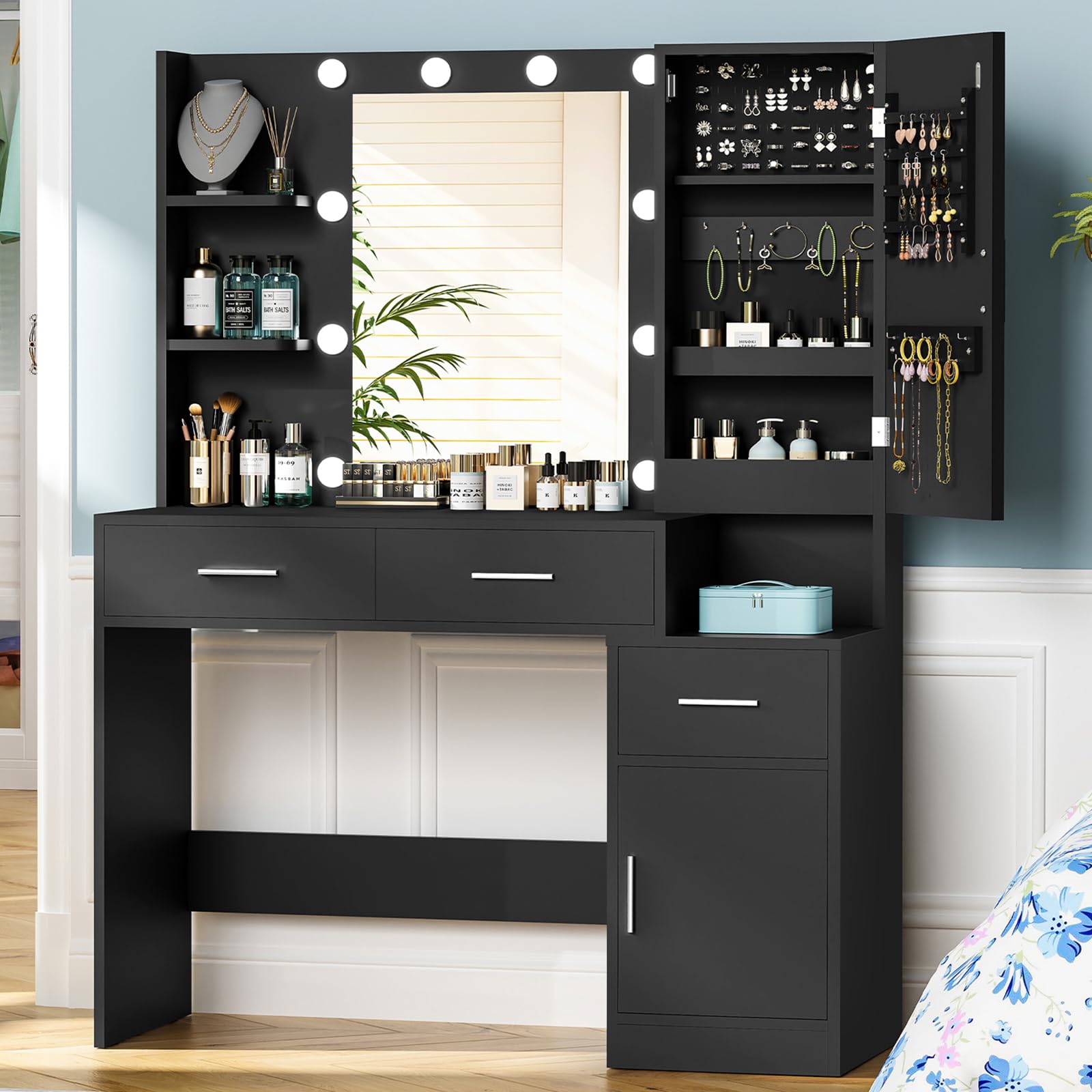 ( Similar ) incomplete usikey Makeup Vanity with Mirror & 10 Lights, Vanity Desk with Jewelry Cabinet, Vanity Table with 3 Drawers & 1 Door Cabinet, 3 Color Modes & Adjustable Brightness Dressing Table, Bedroom, Black