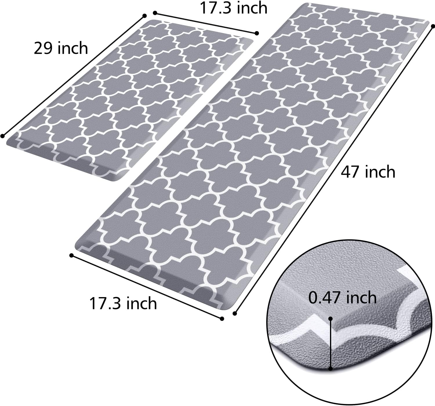 KMAT Mat (2 PCS) 0.47inch Cushioned Anti-Fatigue Rug, Waterproof Non-Skid Rugs Heavy Duty PVC Ergonomic Comfort Standing Mat for Kitchen, Floor Office, Laundry,Grey