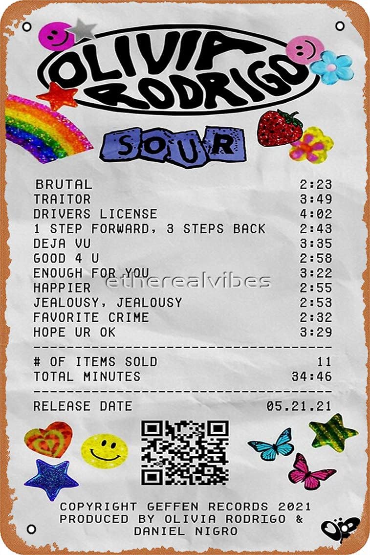 Olivia Rodrigo - Sour Album Receipt Poster 12" X 8" Vintage Metal Tin Sign Home Decor Garage Man Cave Wall Art