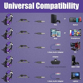 BENGOO G9000 Stereo Gaming Headset for PS5, PS4, PC, Xbox One Controller, Noise Cancelling Over Ear Headphones with Mic, LED Light, Bass Surround, Soft Memory Earmuffs - Purple