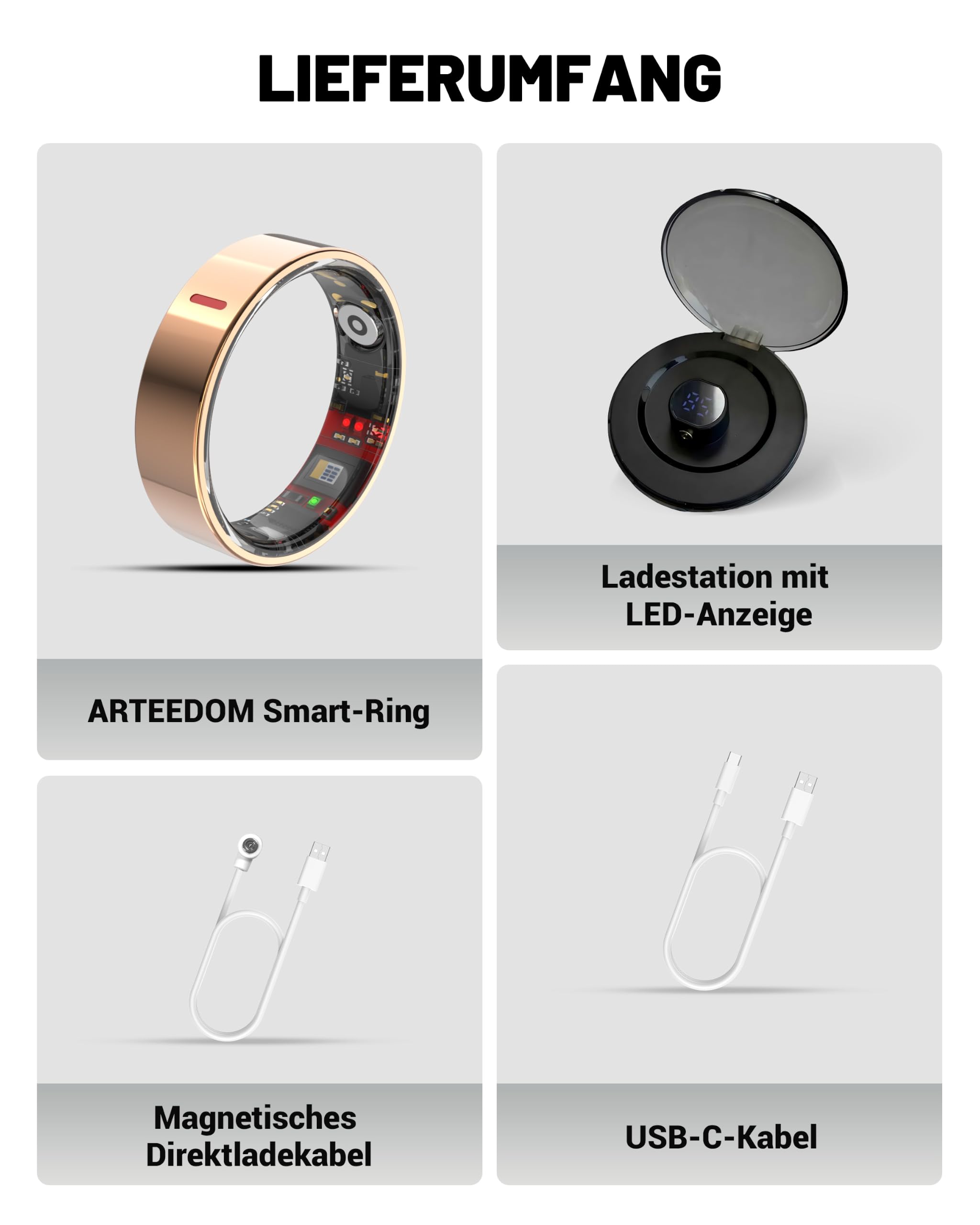 Smart-Ring mit Ladehülle, Fitness-Ring, Gesundheitsmonitor Schlaf-Herzfrequenz- & Blutsauerstoffmonitor 5ATM+IP68 wasserdicht Ohne Abo 4-7 Tage Akkulaufzeit iOS & Android kompatibel für Männer Frauen
