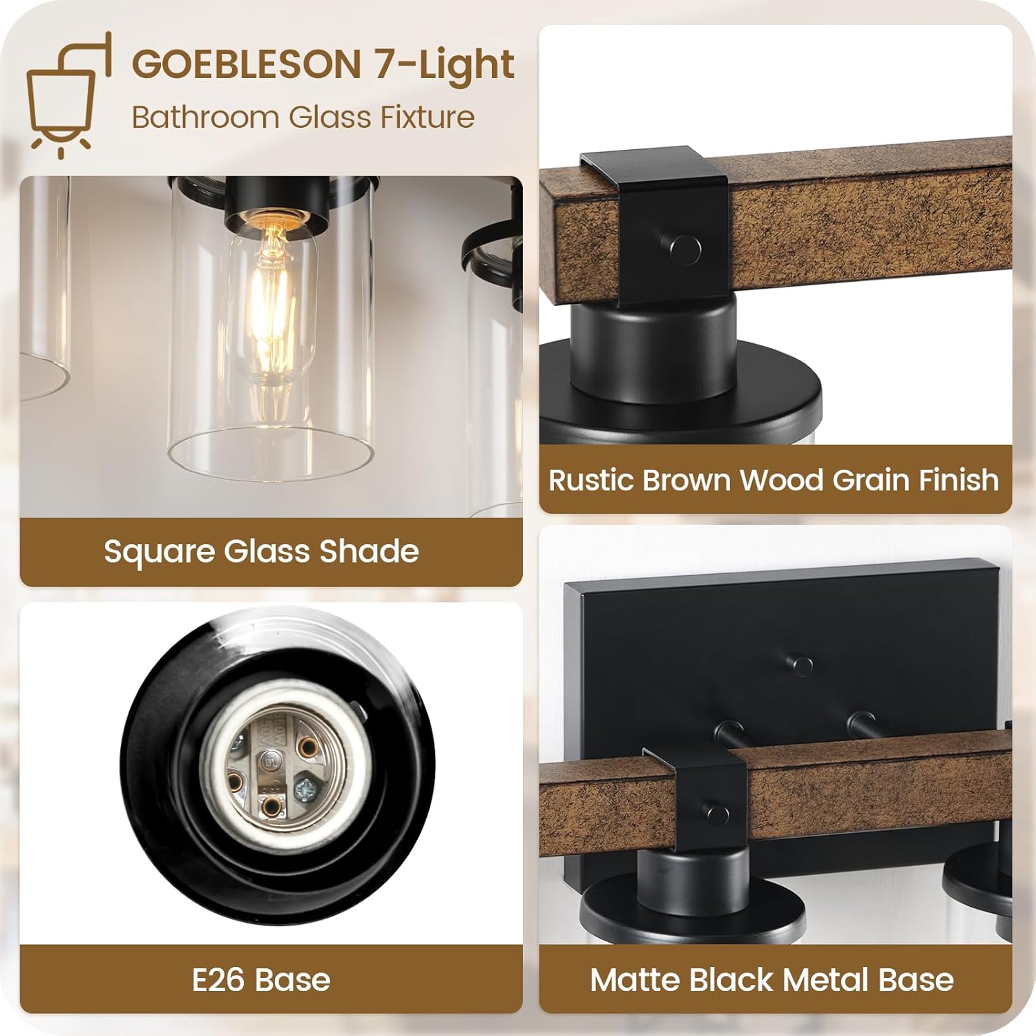 7-Light Bathroom Light Fixture, Farmhouse Vanity Lights for Bathroom with Glass Shade, Rustic Bathroom Light Fixtures, E26 Base F16BD05