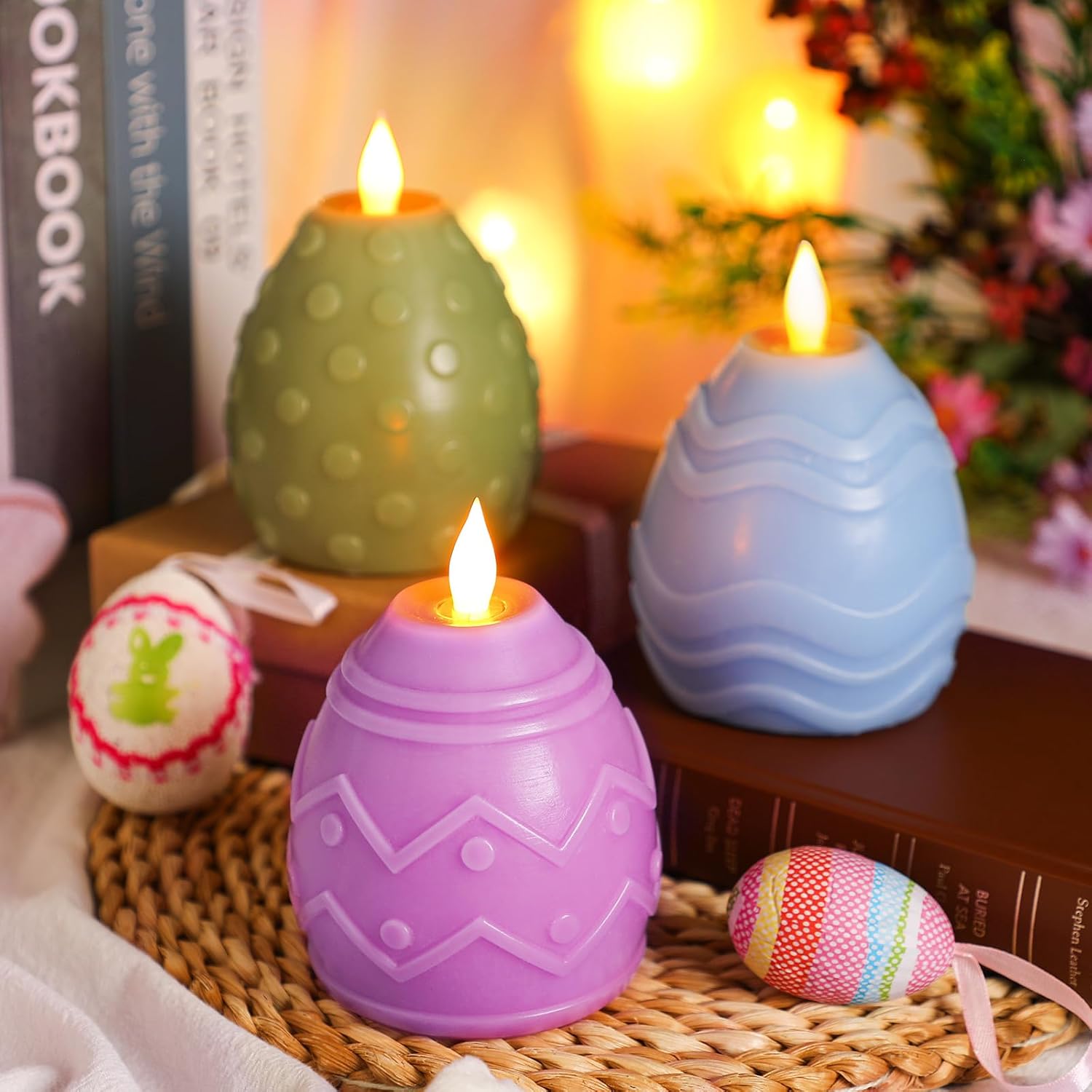 MTLEE 3 Pcs Easter Egg Flameless Candles 3 Color Scented Real Wax LED Spring Battery Operated Egg Shaped Votive Candles Gift for Easter Decoration Party Living Room Home Centerpiece - Image 3