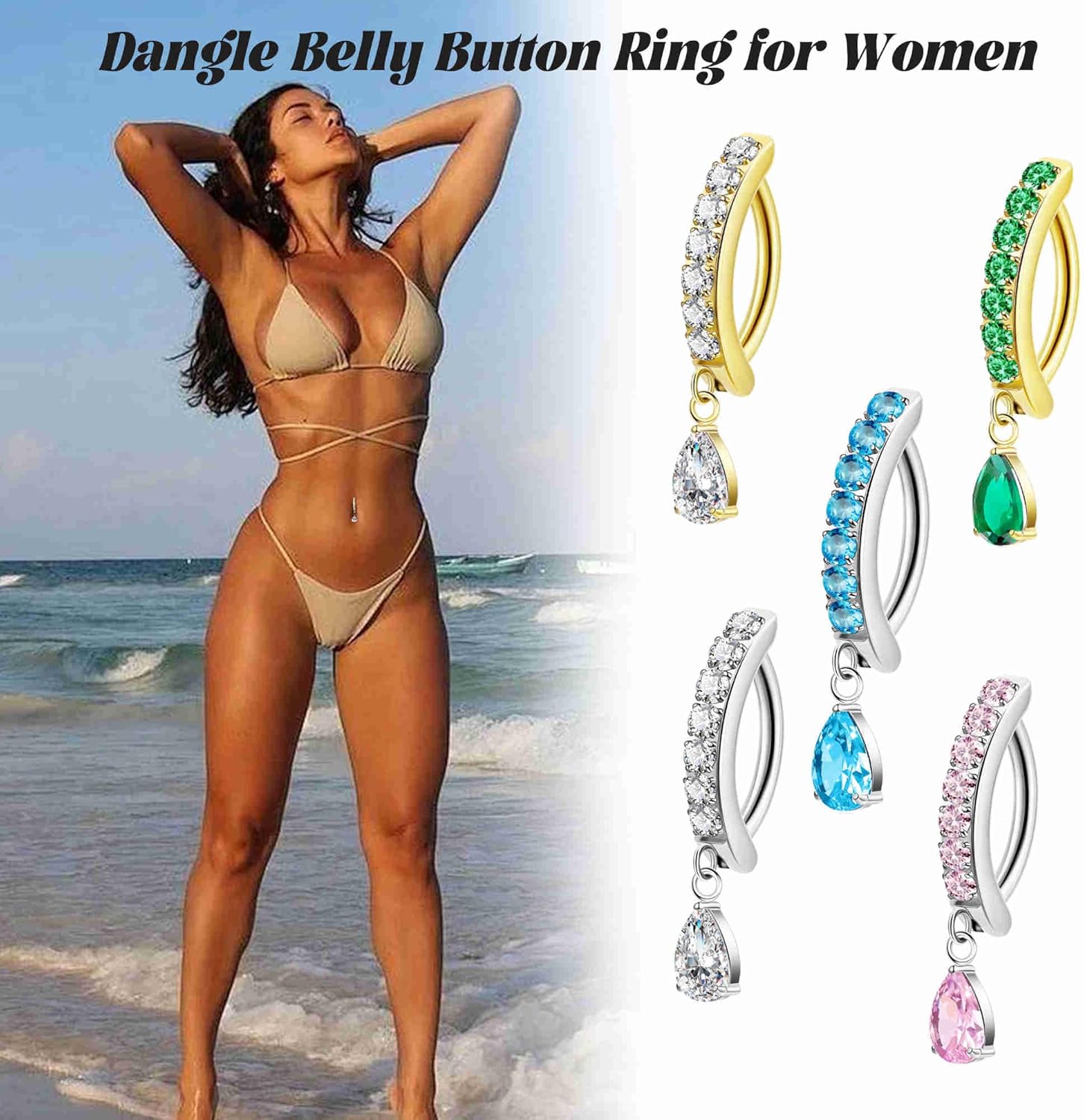 14G G23 Titanium Clicker Belly Button Ring for Women - Teardrop CZ Dangle Curved Reverse Barbell Navel Piercing - Hypoallergenic Jewelry - Image 6