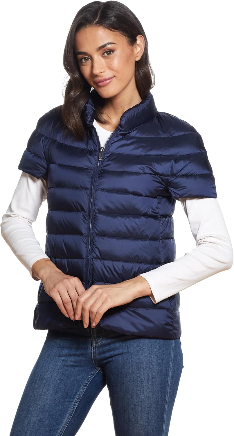 Martha Stewart Womens Puffy Down Vest, Lightweight Casual Short Sleeve Vest Jacket, Quilted Outerwear with Pockets, Navy Blue, 2X-Large