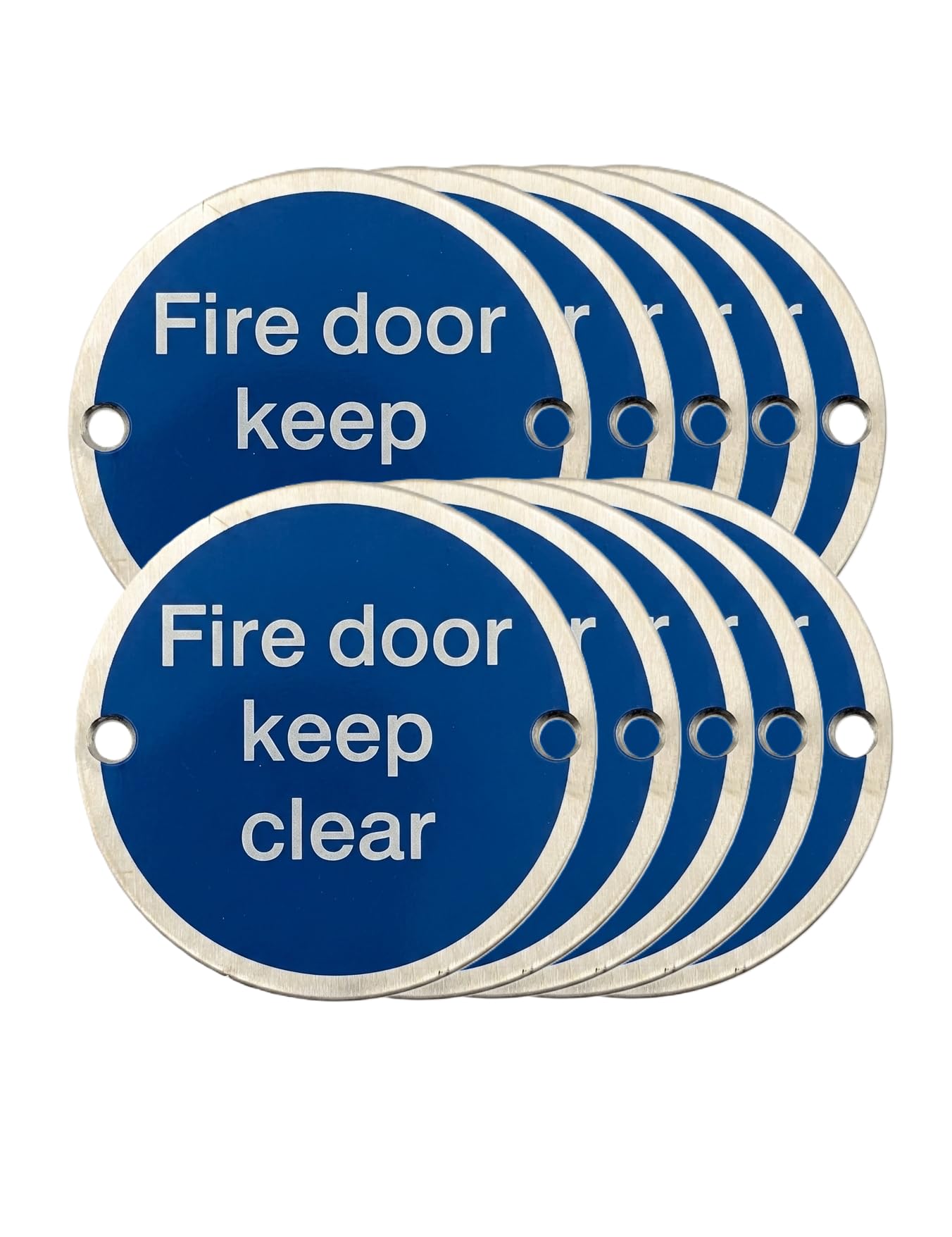 Fire Door Keep Clear 75mm Disc Sign - Stainless Steel Safety Sign - Screw Fixings Included (10)