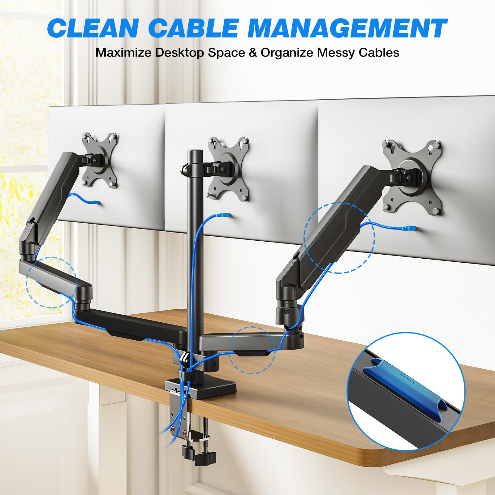 RFIVER Bras triple pour écrans de 17 à 32", support articulé triple écran jusqu'à 8 kg, inclinaison complète, bras pivotants, VESA 75 x 75 100 x 100 mm