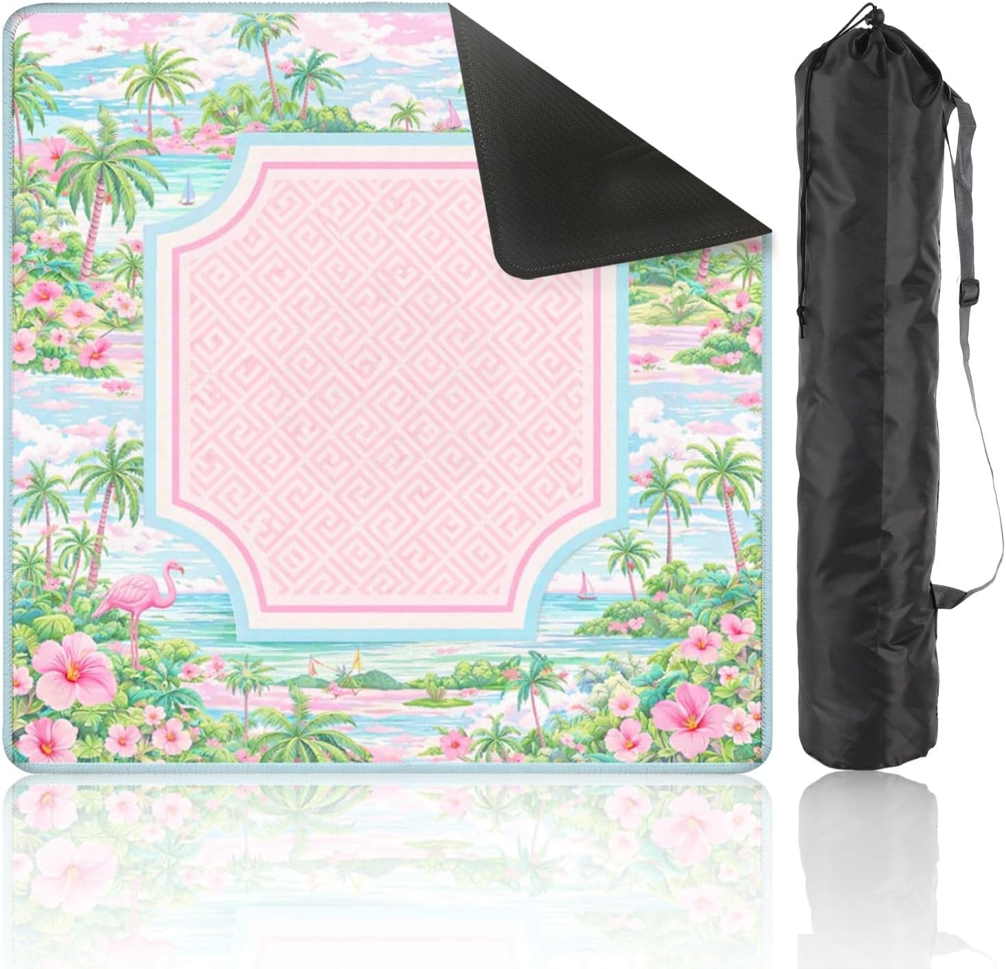 Mahjong Mat with Carrying Bag 31.5" x 31.5" Non-Slip Noise Reduction Tropical Palm Beach Frame Hibiscus Flowers Pastel Coastal Table Mat for Mahjong Poker Dominoes Card Board Tile Games