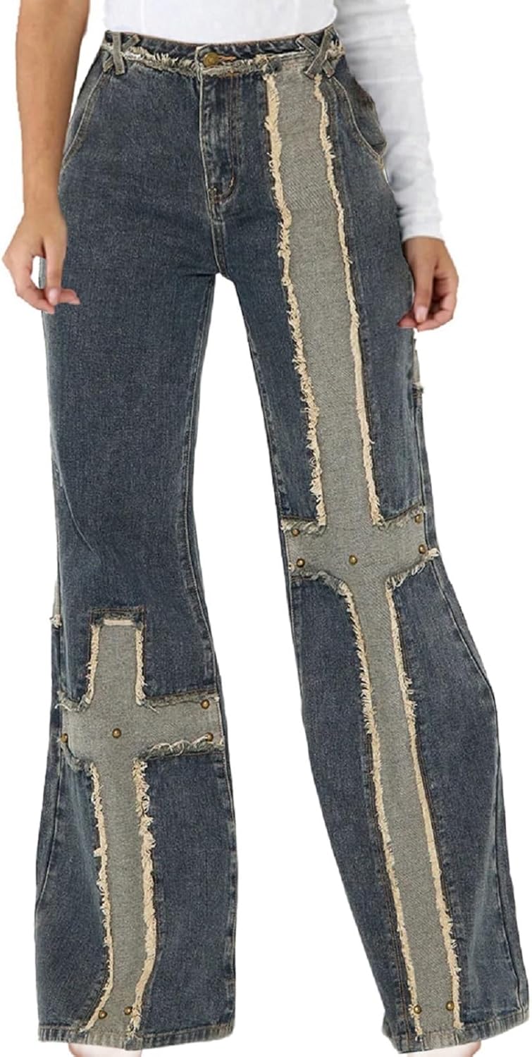SeNight Women Bell Bottom Jeans Elastic Waist Ripped Flared Jean Destroyed Raw Hem Denim Pants