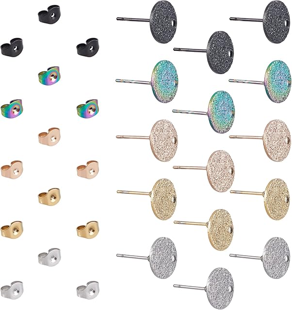 UNICRAFTALE 30pcs 5 Colors Textured Round Stud Earring Hypoallergenic Stud Earring Stainless Steel Earring Component with Ear Nuts for DIY Jewelry Making 0.8mm Pin