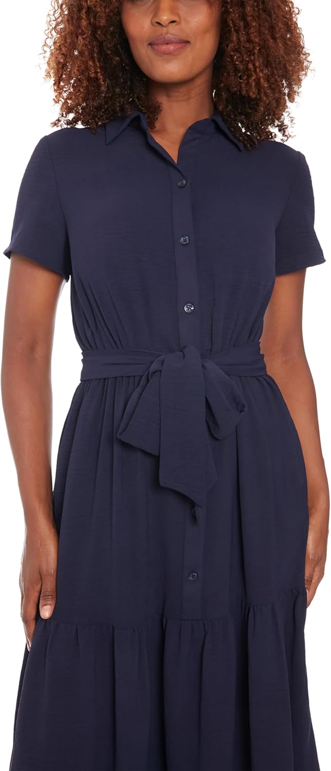 London Times Women's Dresses Women's Button Down Short Sleeve Tiered Maxi Dress with Pockets and Belt - Casual Long Summer Dress, Navy, Small - Image 4
