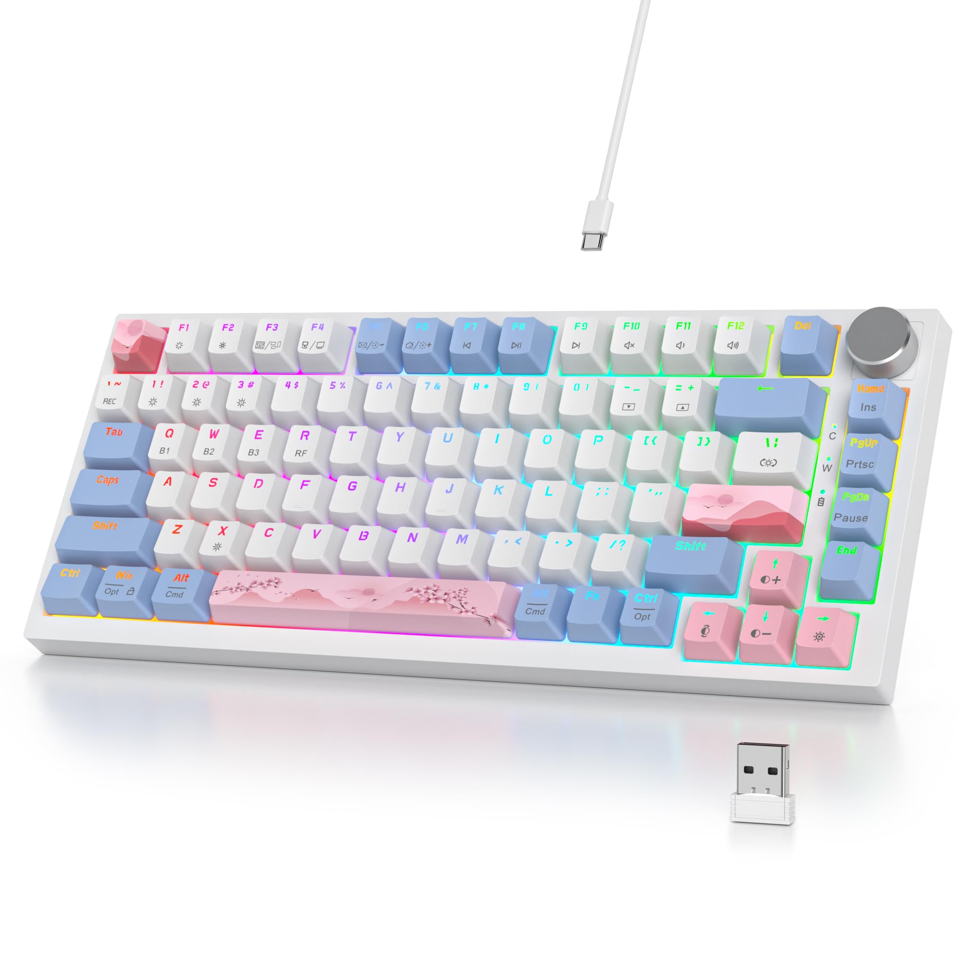 SbocKeeb Wireless Mechanical Keyboard,75% TKL Gaming Keyboard Bluetooth/2.4Ghz/USB RGB Cream Keyboard with Knob,Hot Swap,American QWERTY,Prelube Switch