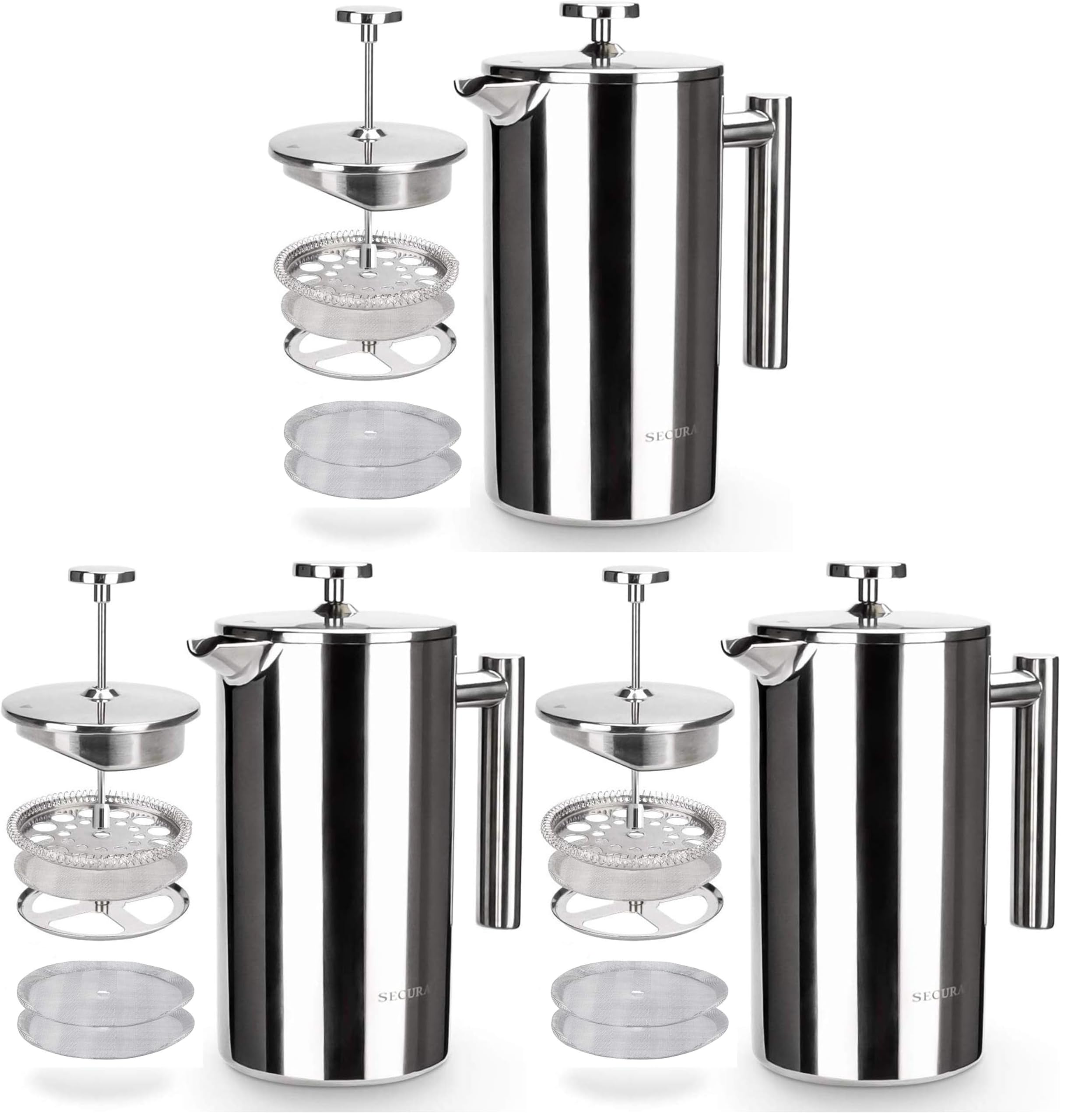 Secura French Press Coffee Maker, 304 Grade Stainless Steel Insulated Coffee Press with 2 Extra Screens, 34oz (1 Litre), Silver (Pack of 3)